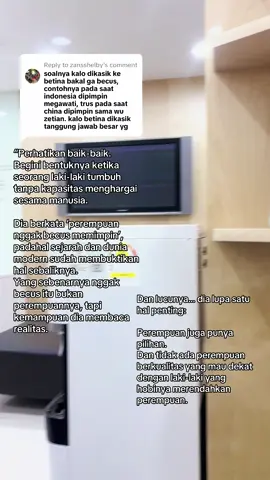 Replying to @zansshelby Bukan karena standar terlalu tinggi tapi karena harga diri terlalu penting untuk dibuang ke orang yang tidak punya respek dasar. Pernyataan seperti itu bukan opini. Itu refleksi dari: • kurangnya pendidikan, • bias patriarki yang diwariskan, • rasa tidak aman terhadap kemampuan perempuan, • dan ketakutan kehilangan posisi dominan. Sederhana saja: Laki-laki yang benar-benar kompeten tidak sibuk merendahkan perempuan. Hanya yang insecure yang merasa perlu melakukannya. Jadi, anak-anak… Kalau kalian mendengar laki-laki bilang ‘perempuan nggak becus memimpin’, yang perlu kalian nilai bukan perempuannya, tapi kedewasaan laki-lakinya.