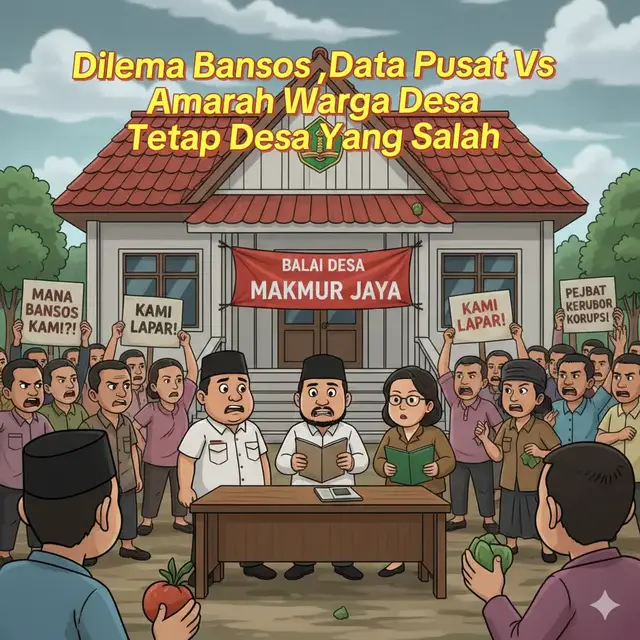 ​🎭 Ilustrasi Dilema Bansos: Data Pusat vs. Amarah Warga Desa ​Setting: ​Warga: Ibu Minah, seorang janda tua yang berprofesi sbgi buruh serabutan. Namanya terdaftar di Data Terpadu Kesejahteraan Sosial (DTKS) di tingkat Pusat/Kementerian. ​Perangkat Desa: Pak Budi, Kepala Dusun (Kadus) yang bertanggung jawab atas pendataan dan penyaluran di wilayah Ibu Minah. ​Fakta di Lapangan: Ibu Minah tidak pernah menerima Bansos selama dua periode terakhir. ​Babak 1: Harapan dan Kekecewaan Warga ​Ibu Minah mendengar kabar bahwa sejumlah tetangganya mendapatkan Bansos tahap terbaru. Ia merasa yakin karena namanya pernah didata oleh petugas. ​Ibu Minah: (Menghampiri Pak Budi di Balai Desa dengan wajah lesu) 