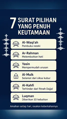 Membalas @user8299702344099 Tujuh surat ini bukan dipilih sembarangan!  1. Al-Waqi'ah = pembuka rezeki 2.  Ar-Rahman = melembutkan hati 3. Yasin mempermudah urusan 4. Al-Mulk = selamat dari siksa kubur 5. Al-Kahfi = terhindar dari futnah dajjal 6. Al-Lukman = diberikan 10 kebaikan 7. As-Sajdah mendatangkan 70 kebaikan  Buku 7 Surat Pilihan ini lagi banyak dicari karena enak banget dipakai buat murojaah harian. Cocok untuk anak, remaja, maupun orang tua yang mau mulai hafalan dari surat-surat pendek. Praktis dibawa ke mana pun dan nyaman dibaca setiap waktu. Cek keranjang kuning sekarang sebelum kehabisan! #buku7suratpilihan #bukuquranviral #suratpendek #murojaahharian #promomakangajian 