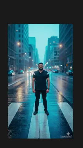 Lecture 5: Leading Line Cimposition. Meaning:  Lines in the scene (roads, railings, buildings, shadows) lead toward the subject. Creates depth, direction, and strong storytelling. Used in architecture, street, travel, and dramatic portraits. Prompt: Same male model standing confidently at the end of a pedestrian crosswalk, where the leading lines of the stripes guide the viewer’s eye directly to him. City buildings and street depth behind him. Blue-hour lighting, slight rain reflections on the road, 35mm wide lens, strong cinematic atmosphere. Subject placed at the convergence of leading lines. #nanobanana #learning #photography #ai #