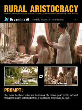 Prompt for Smooth Transition Between Opening and Closing Frames of Daily Life of the Rural Aristocracy.AI video creative gameplay prompts.
 #Dreamina #Dreaminapartner #AIVideo #Viraltools #prompt 
