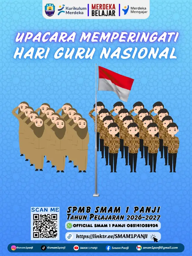 Memperingati Hari Guru Nasional Pelaksanaan upacara bendera dalam rangka memperingati Hari Guru Nasional yang diselenggarakan oleh Majelis Dikdasmen dan PNF Situbondo berlangsung khidmat dan penuh makna. Sejak pagi, seluruh guru Muhammadiyah dari jenjang SD/MI hingga SMA se-Kabupaten Situbondo telah berkumpul di halaman MI Muhammadiyah Asembagus. Dengan mengenakan seragam rapi, para guru berdiri berbaris membentuk formasi upacara, menunjukkan kekompakan dan dedikasi sebagai pendidik yang menjadi teladan bagi generasi bangsa. Upacara dimulai dengan pengibaran bendera Merah Putih yang diiringi lagu kebangsaan Indonesia Raya. Seluruh peserta upacara mengikuti dengan penuh penghormatan, mencerminkan penghargaan mendalam terhadap peran guru sebagai pilar pendidikan nasional. Pembacaan amanat pembina upacara menyoroti pentingnya kompetensi, integritas, dan keteladanan seorang guru di tengah perubahan zaman. Pesan-pesan inspiratif juga disampaikan untuk memperkuat semangat para pendidik dalam menghadapi tantangan pendidikan modern. Rangkaian kegiatan ditutup dengan doa bersama dan sesi foto sebagai simbol kebersamaan para guru Muhammadiyah Situbondo. Suasana penuh kekeluargaan tampak jelas ketika kegiatan diakhiri dengan ramah tamah dan berbincang selepas upacara. Peringatan Hari Guru Nasional ini bukan hanya menjadi momen seremonial, tetapi juga momentum untuk memperkuat komitmen, memperbarui semangat pengabdian, dan meneguhkan peran guru sebagai cahaya bagi perjalanan pendidikan di Kabupaten Situbondo. #Sekolah #SMA #IPM #OSIS #PutihAbuAbu 