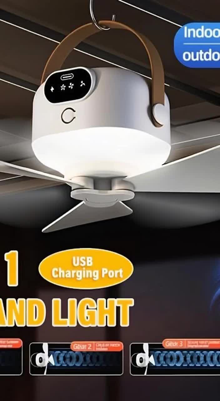 Rechargeable LED Smart Ceiling Fan Light with Remote Control 3-speed Wind Speed Portable Hanging Camping Environment Ceiling Fan USB Charging Port 