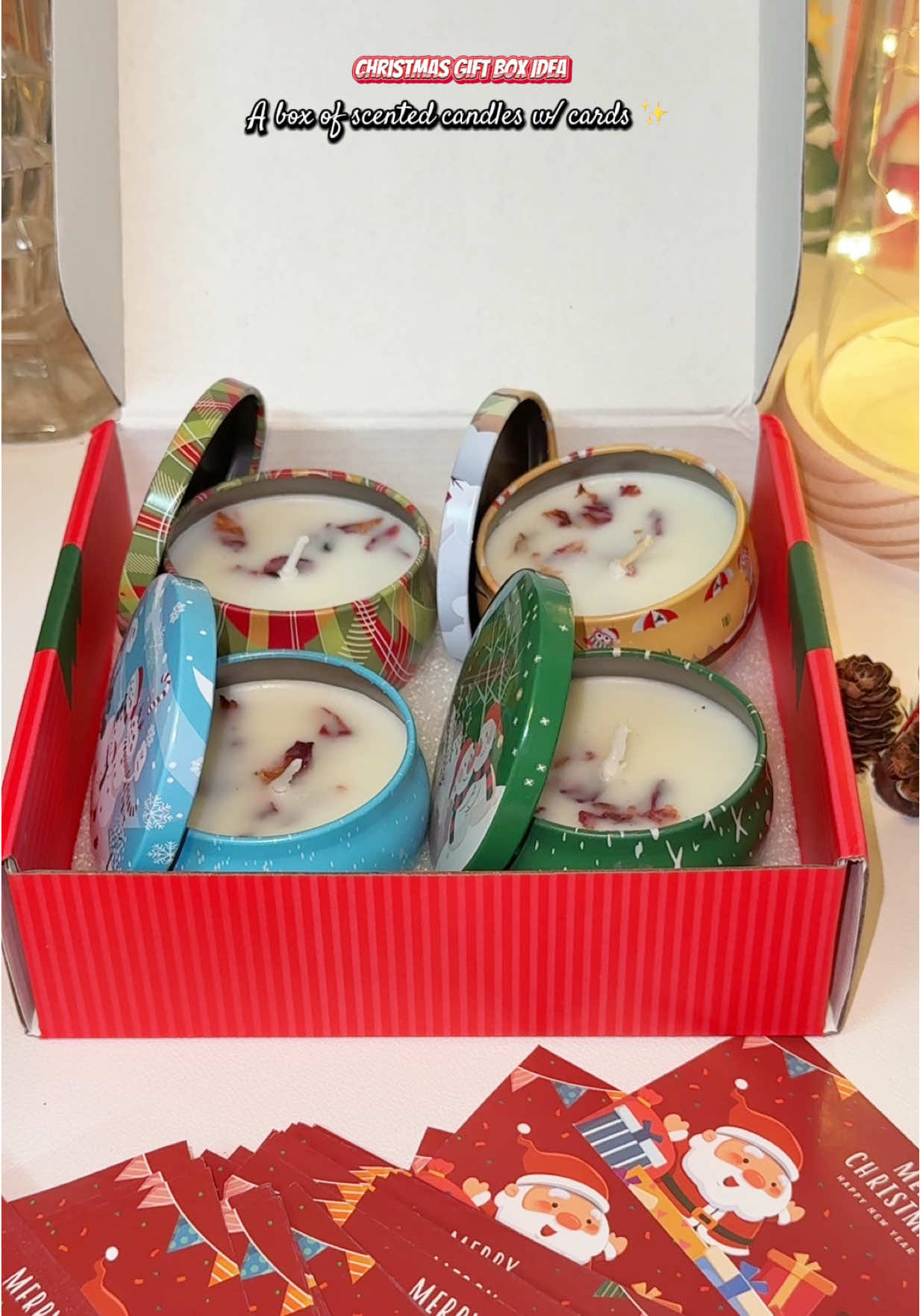 Looking for christmas gift box idea? This box of scented candles with cards is perfect! 🎁 Pwedeng pwede din pang souvenirs, christmas giveaways and exchange gift!✨ #scentedcandles #giftbox #christmasgiftbox #souvenir #candlesoftiktok 