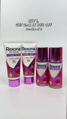 Glow up with Rexona Vitamin + Bright Berry Glow! 🫐 Grab this sweet deal on Rexona bundles today! Buy 1, get the 2nd at 80% off 🛒 #UnileverPersonalCare #RexonaPH 