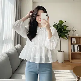 Áo Sơ Mi Babydoll Croptop Bồng Bềnh Tay Phồng Chất Tơ#aosweater #outfits #phoidoxinh #xuhuong #tre 