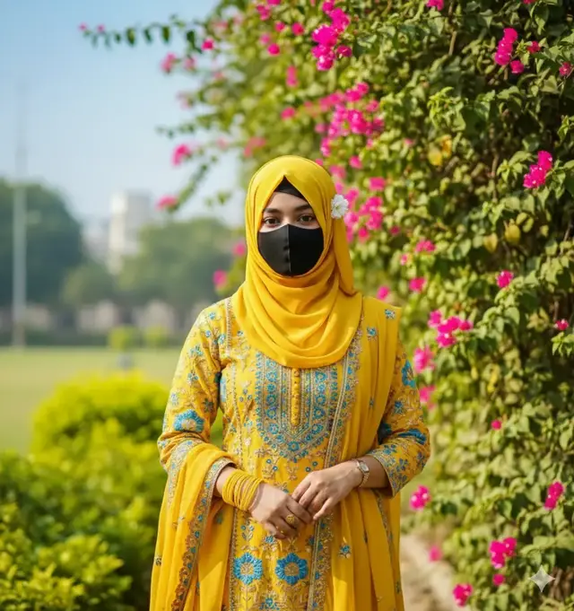 The photo shows a young woman standing outdoors in front of a lush wall of green leaves and bright pink flowers.creating a natural and joyful expression. She is wearing a yellow  kurta with blue floral prints and yellow  detailing on the neckline and cuffs. Her hair is open and falls naturally on her shoulders. The background is bright and sunny, with a clear blue sky and some trees and buildings visible in the distance. The overall mood of the picture is cheerful and relaxed, giving it a fresh and vibrant feel. Ultra HD 8K Resolution. keep my face 100% same as in the reference image.  #fouryou❤ #vailalvideo #tiktoktainment🥳 #tiktok?bangladesh🇧🇩🇧🇩🇧🇩 