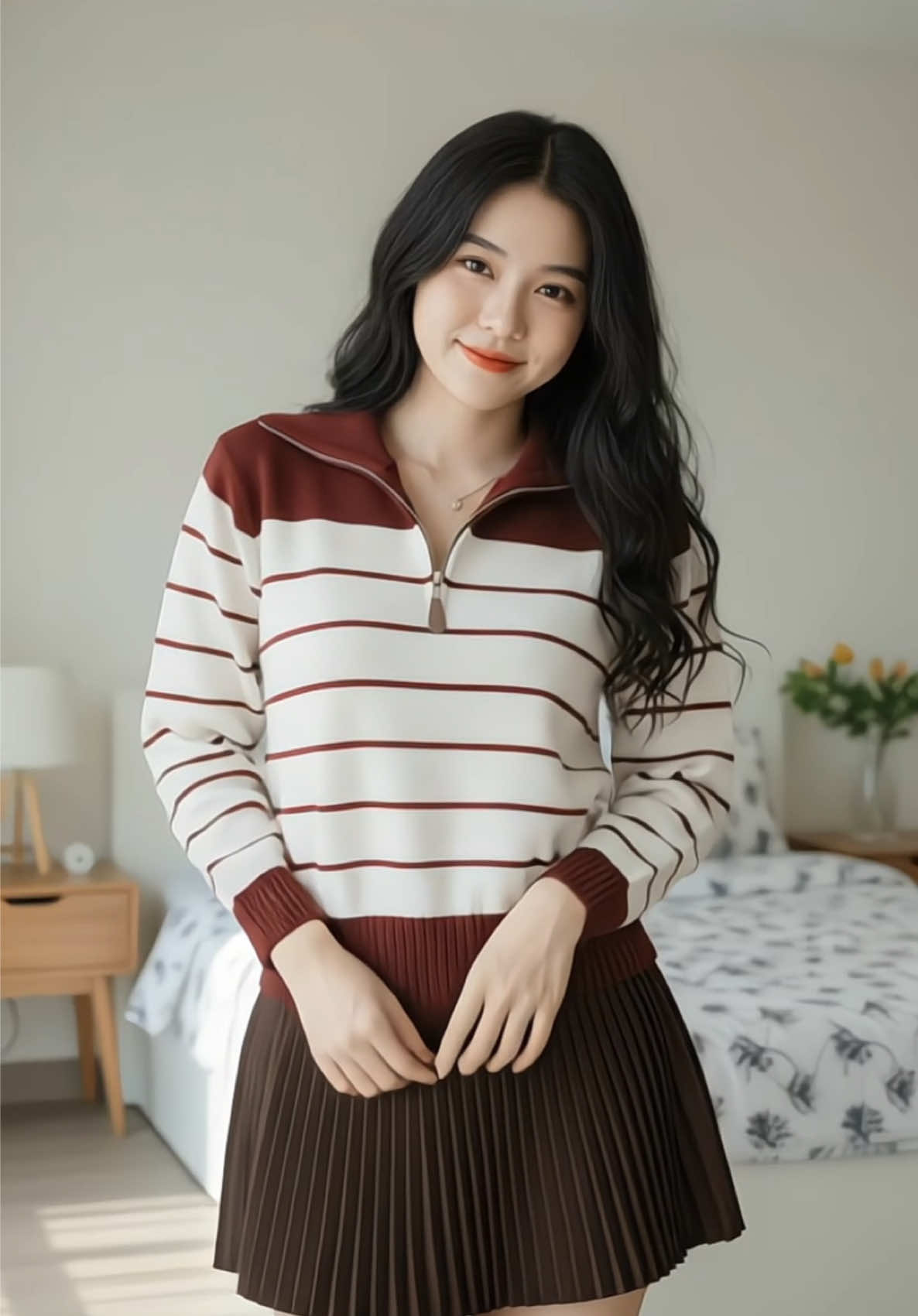 [Hàng QC] Áo len Polo kéo khoá , họa tiết kẻ ngang , cổ áo phối màu#thoitrangnu #aolen #aolennu 