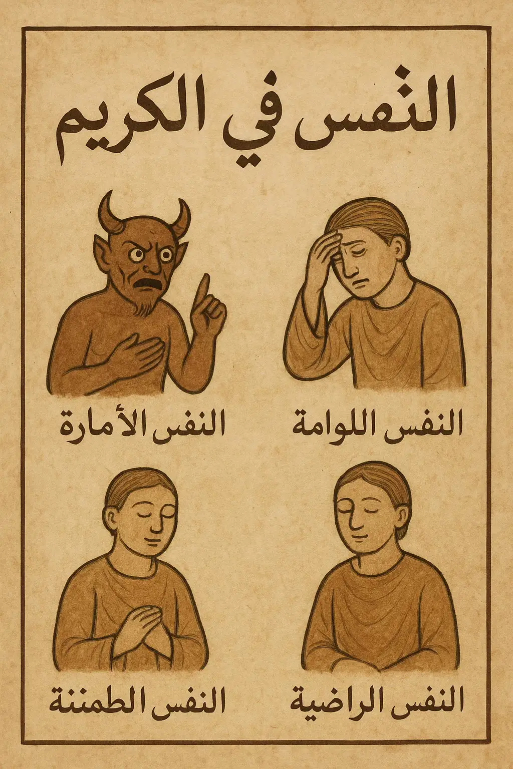 إنّ القرآن الكريم جعل للنفس الإنسانية مراتب : 1- النفس الأمّارة: إنّ النفس بطبعها تدعو إلى مشتهياتها من السيئات ، فليس للإنسان أن يبرّئ نفسه من الميل إلى السوء ، وإنّما له أن يكف عن أمرها بالسوء ودعوتها إلى الشر وذلك برحمة من الله سبحانه ، يقول سبحانه : (وَمَا أُبَرِّئُ نَفْسِي إِنَّ النَّفْسَ لَأَمَّارَةٌ بِالسُّوءِ إِلَّا مَا رَحِمَ رَبِّي إِنَّ رَبِّي غَفُورٌ رَحِيمٌ) [يوسف : 53]. فما برّأ يوسف نفسه عن أمرها بالسوء ، وإنّما كفّها عن ارتكاب السوء ؛ لأنّ النفس طبعت على حب الشهوات التي تدور عليها رحى الحياة. والأخلاق جاءت لتعديل ذلك الميل ، وجعلها في مسير السعادة وحفظها عن الإفراط والتفريط ، فالمادية نادت بالانصياع لرغبات اللّذات مهما أمكن ، والرهبانية نادت بكبح جماح اللذات والشهوات والعزوف عن الحياة واللوذ في الكهوف والأديرة ، ولكن الإسلام راح يدعو إلى منهج وسط بينهما ، ففي الوقت الذي يدعو إلى أكل الطيّبات ويندّد بمن يحرّمها ، ويقول : ( قُلْ مَنْ حَرَّمَ زِينَةَ اللَّهِ الَّتِي أَخْرَجَ لِعِبَادِهِ وَالطَّيِّبَاتِ مِنَ الرِّزْقِ) [الأعراف: 32] يأمر بكبح جماح النفس عن ارتكاب المعاصي والسيئات التي توجب الفوضى في المجتمع وتسوقه إلى الانحلال الأخلاقي. 2- النفس اللوّامة: النفس اللوامة وهي الضمير الذي يؤنّب الإنسان على ما اقترفه من السيئات والآثام خصوصاً بعد ما يفيق من سكراتها فيجد نفسه تنحدر في دوامة الندم على ما ارتكبه وإنابة إلى الحقّ ، وهذا يدل على أنّ النفس ممزوجة بالميل إلى الشهوات ، وفي الوقت نفسه فيها ميل إلى الحقّ والعدل ، ولكلّ تجلٍّ خاص ، فانّ غلبة الشهوات يحول دون ظهور نور العقل فيقترف المعاصي والآثام ، ولكنّه ما إن تخمد شهوته حينها يصفو أمامه جمال الحياة وتنكشف مضرات اللّذة فتستيقظ النفس اللوامة وتأخذ باللوم والعذل إلى حد ربما تدفع بصاحبها إلى الانتحار ؛ لعدم تحمله وطأة تلك الجريم وهذه النفس حيّة يقظة لا تتصدع بكثرة الذنوب وإن كانت تضعف بممارستها. 3- النفس المطمئنّة: وهي النفس التي توصلها النفس اللوّامة إلى حد لا تعصف بها عواصف الشهوة ، وتطمئن برحمة الرب وتحس بالمسؤولية الموضوعة على عاتقها أمام الله وأمام المجتمع ، يقول سبحانه : (يَا أَيَّتُهَا النَّفْسُ الْمُطْمَئِنَّةُ (27) ارْجِعِي إِلَى رَبِّكِ رَاضِيَةً مَرْضِيَّةً) [الفجر: 27، 28] فصاحب هذه النفس يمتلئ بالسرور والفرح عند الطاعة وتجد في صميمها لذة للطاعة وحلاوة للعبادة لا يمكن وصفها بالقلم واللسان. وبعبارة أُخرى : (النفس المطمئنّة) هي التي تسكن إلى ربها وترضى بما رضي به ، فترى نفسها عبداً لا يملك لنفسه شيئاً من خير أو شر أو نفع أو ضر ، ويرى الدنيا دار مجاز ، وما يستقبله فيها من غنى أو فقر أو أي نفع وضر  ابتلاء وامتحاناً إلهياً ، فلا يدعوه تواتر النعم عليه إلى الطغيان ، وإكثار الفساد ، والعلو والاستكبار ، ولا يوقعه الفقر والفقدان في الكفر وترك الشكر ؛ بل هو في مستقر من العبودية لا ينحرف عن مستقيم صراطه بإفراط أو تفريط (1) وهناك كلمة قيمة للحكيم (محمد مهدي النراقي) حول واقع النفوس الثلاث يقول : والحقّ إنّها أوصاف ثلاثة للنفس بحسب اختلاف أحوالها ، فإذا غلبت قوتها العاقلة على الثلاثة الأُخر ، وصارت منقادة لها مقهورة منها ، وزال اضطرابها الحاصل من مدافعتها سمّيت ( مطمئنة ) ؛ لسكونها حينئذٍ تحت الأوامر والنواهي ، وميلها إلى ملائماتها التي تقتضي جبلتها ، وإذا لم تتم غلبتها وكان بينها تنازع وتدافع ، وكلما صارت مغلوبة عنها بارتكاب المعاصي حصلت للنفس لوم وندامة سمّيت ( لوامة ) وإذا صارت مغلوبة منها مذعنة لها من دون دفاع سميت ( أمّارة بالسوء )؛  لأنّه لما اضمحلت قوتها العاقلة وأذعنت للقوى الشيطانية من دون مدافعة ، فكأنّما هي الآمرة بالسوء (2). - النفس الراضية المرضية: وهي النفس المتكاملة الراضية من ربّها رضى الرب منها ، واطمئنانها إلى ربّها يستلزم رضاها بما قدّر وقضى تكويناً أو حكم به تشريعاً ، فلا تسخطها سانحة ولا تزيغها معصية ، وإذا رضى العبد من ربّه ، رضى الرب منه ، إذ لا يسخطه تعالى إلاّ خروج العبد من زي العبودية ، فإذا لزم طريق العبودية استوجب ذلك رضى ربّه ولذا عقب قوله : ( راضية ) بقوله : ( مرضية ). قوله تعالى : (فَادْخُلِي فِي عِبَادِي (29) وَادْخُلِي جَنَّتِي) [الفجر: 29، 30] تفريع على قوله : ( ارْجِعِي إِلَىٰ رَبِّكِ )، وفيه دلالة على أنّ صاحب النفس المطمئنّة في زمرة عباد الله حائز مقام العبودية ، وذلك إنّه لما اطمأنّ إلى ربّه انقطع عن دعوى الاستقلال ورضى بما هو الحقّ من ربّه فرأى ذاته وصفاته وأفعاله ملكاً طلقاً لربّه فلم يرد فيما قدر وقضى ، ولا فيما أمر ونهي  إلاّ ما أراده ربّه ، وهذا ظهور العبودية التامة في العبد ، ففي قوله : (فَادْخُلِي فِي عِبَادِي ) تقرير لمقام عبوديتها.