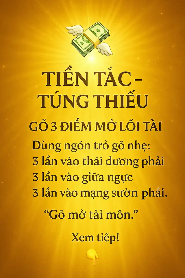 Dành cho người đang ế ẩm – tiền tắc – đơn không đi – vận xui kéo dài. Dân gian tin: gõ đúng 3 điểm bên phải → mở tài nhanh, đổi khí liền. Khi bạn bị đứng tiền, buôn bán không có khách, cảm giác u ám… đó là lúc khí nặng tích tụ ở 3 nơi: thái dương – giữa ngực – mạng sườn phải. Người xưa gọi đây là “3 cửa tài đóng”. Để mở lại, họ dùng nghi thức: “Tam điểm khai tài – gõ là vận sáng.” ⸻ 🔥 1. Gõ THÁI DƯƠNG PHẢI – 3 cái Dùng đốt ngón trỏ gõ nhẹ – nhanh – đều. → Đây là “tài nhãn”: giúp tâm sáng, đầu thông, mở đường nhìn cơ hội. ⸻ 🔥 2. Gõ GIỮA NGỰC – 3 cái Giữa ngực = xương ức (sternum) 👉 Cách tìm cực dễ: – Chạm vào hõm nhỏ dưới cổ – Trượt xuống 3–4cm → chạm điểm cứng – tròn – không mềm → Đó chính là tâm dương khí. Gõ 3 cái ở đây = “đánh thức tài môn”, phá khí tắc trong lồng ngực. ⸻ 🔥 3. Gõ MẠNG SƯỜN PHẢI – 3 cái Theo người Hoa: bên phải là kho lộc, nơi chứa khí tài. Gõ 3 cái = “gọi lộc tỉnh dậy”. → Không gõ bên trái. → Không gõ 2 bên cùng lúc. ⸻ ✨ CÁCH KẾT THÚC Đặt tay phải lên ngực, đọc khẽ: “Gõ mở tài môn – sáng đường tiền.” Hoặc: “Lộc dậy – vận lên.” Nghi thức chỉ 10 giây nhưng rất mạnh vì tác động thẳng vào: ✔ Dương khí ✔ Hơi thở ✔ Điểm tích nặng khí ✔ Vùng ảnh hưởng đến cảm xúc – công việc – tiền bạc ⸻ 🌕 Khi nào nên làm? – Mở cửa hàng buổi sáng – Trước livestream – Vừa gặp khách khó – Đang thấy nặng người, u ám – Ngày tiền vào đứng lại bất thường – Trước khi ra đường buôn bán ⸻ ✨ Âm tận – Dương sinh Gõ mở vận – tài sáng đường. #phongthuy #phongthuytailoc #phongthuyNangLuong #hoakhi868 