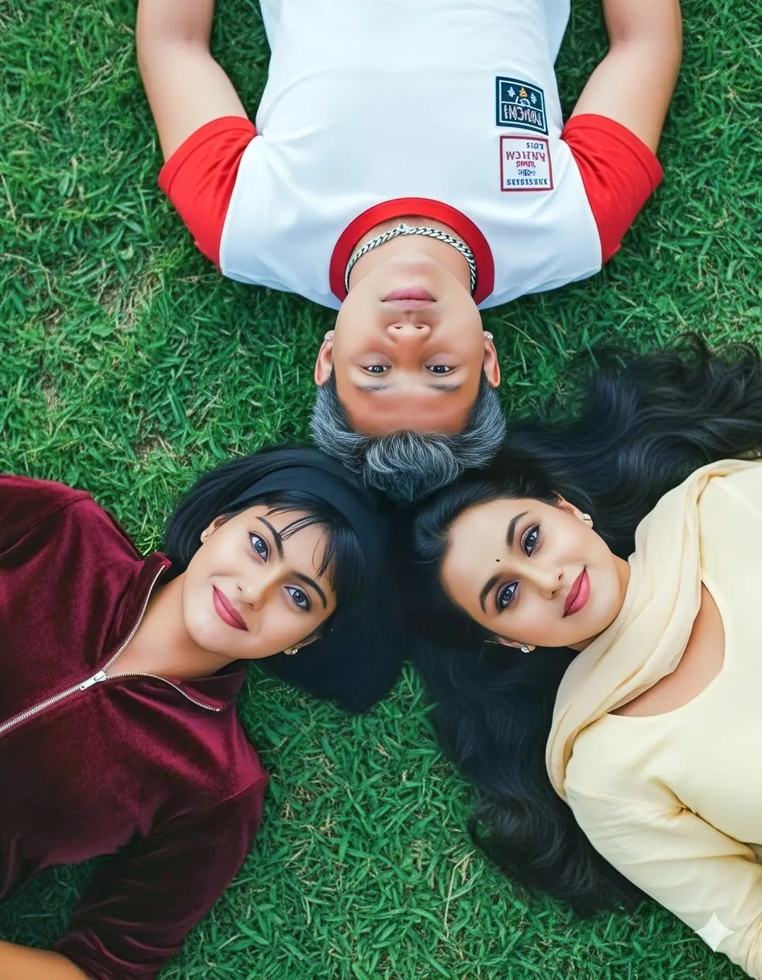 PROMPT AI GEMINI ; Edit foto Tiga orang sedang berbaring di atas rumput hijau yang lembut, kepala mereka saling berdekatan membentuk komposisi simetris. Seorang pria ( pertahankan bentuk wajah dan gaya rambutnya) berada di tengah atas, mengenakan kaos ketat bernuansa putih dengan detail patch dan ritsleting, lengan pendek warna merah, serta kalung rantai perak di lehernya. Di sisi kiri, seorang wanita (pertahankan bentuk wajah dan gaya rambutnya) mengenakan outfit beludru merah marun dengan detail ritsleting di bagian dada, rambut hitam pendek dengan hiasan bando kain hitam. Di sisi kanan, wanita( pertahankan bentuk wajah dan gaya rambutnya)lainnya memakai pakaian berwarna kuning pucat dengan selendang disampirkan di lehernya, rambut hitam panjang. Mereka bertiga menampilkan ekspresi tersenyum tipis sambil menatap ke langit. Cahaya alami yang lembut menerangi wajah mereka, menciptakan nuansa hangat, persahabatan, dan kebersamaan. Fokus tajam pada ekspresi wajah dan tekstur pakaian, dengan background rumput yang hijau dan halus, gaya sinematik kaya warna, ultra realistis dan foto kualitas tinggi. #kuchkuchhotahai  #ranimukherjee  #kajolfans  #bollywoodlovers  #fyp 