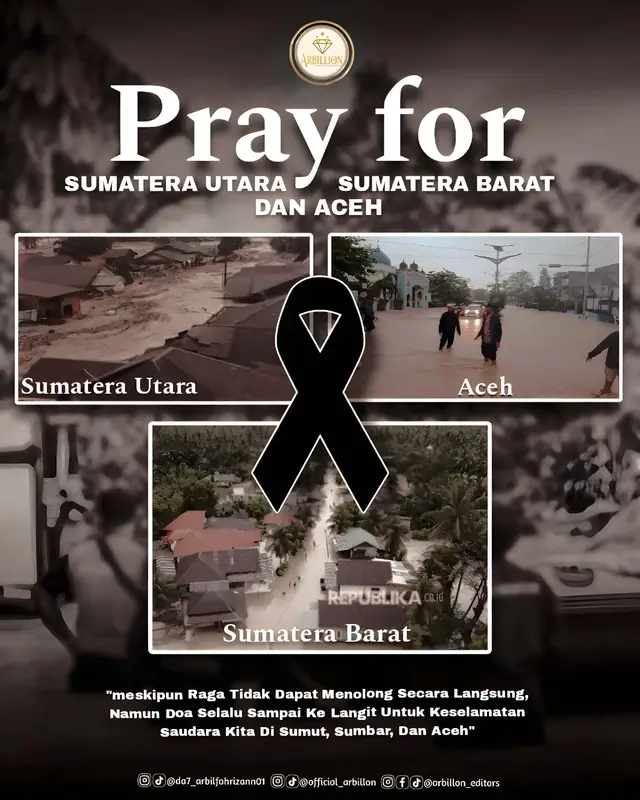 Doa kami tak pernah putus untuk saudara-saudara di Sumatera Utara, Sumatera Barat, dan Aceh.   Semoga Allah kuatkan, lindungi, dan pulihkan setiap langkah kalian.   Mungkin tangan kami belum bisa hadir di sana…   tapi doa kami selalu mengetuk langit untuk keselamatan kalian. 🤲🖤#PrayForSumutSumbarAceh #DoaUntukIndonesia #SolidaritasTanpaBatas #BersamaKitaKuat #IndonesiaPeduli