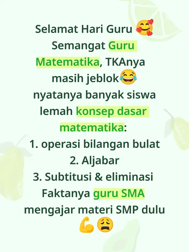 Semoga tahun depan hasilnya lebih baik semangat dan sabar untuk para guru SMA/ SMK yang mana dilevel SMA harus mengulang materi SD-SMP seperti penjumlahan, pengurangan, perkalian dan pembagian bilangan bulat. Materi aljabar pastinya 😭  apakah para tendik lain juga merasakan? #guru #matematika #tka #sma #harigurunasional 