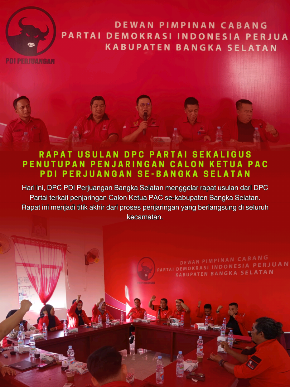 Hari ini, DPC PDI Perjuangan Bangka Selatan menggelar rapat usulan dari DPC terkait  penjaringan Calon Ketua PAC PDI Perjuangan se-kabupaten Bangka selatan. Rapat ini menjadi titik akhir dari proses penjaringan yang berlangsung di seluruh kecamatan. Semua usulan dihimpun, disatukan, dan dipersiapkan untuk tahap selanjutnya. Dipimpin dengan ketegasan Ketua DPC ( H. Riza Herdavid, S.T., M.Tr.IP ), seluruh pengurus DPC bergerak kompak dan solid, memastikan Ketua PAC yang terpilih nantinya benar-benar bekerja untuk kepentingan rakyat. Solid bergerak. Merdekaaa 💪 #solidbergerak #PDIPerjuangan #berandatiktok #fyp #soundhoreg 