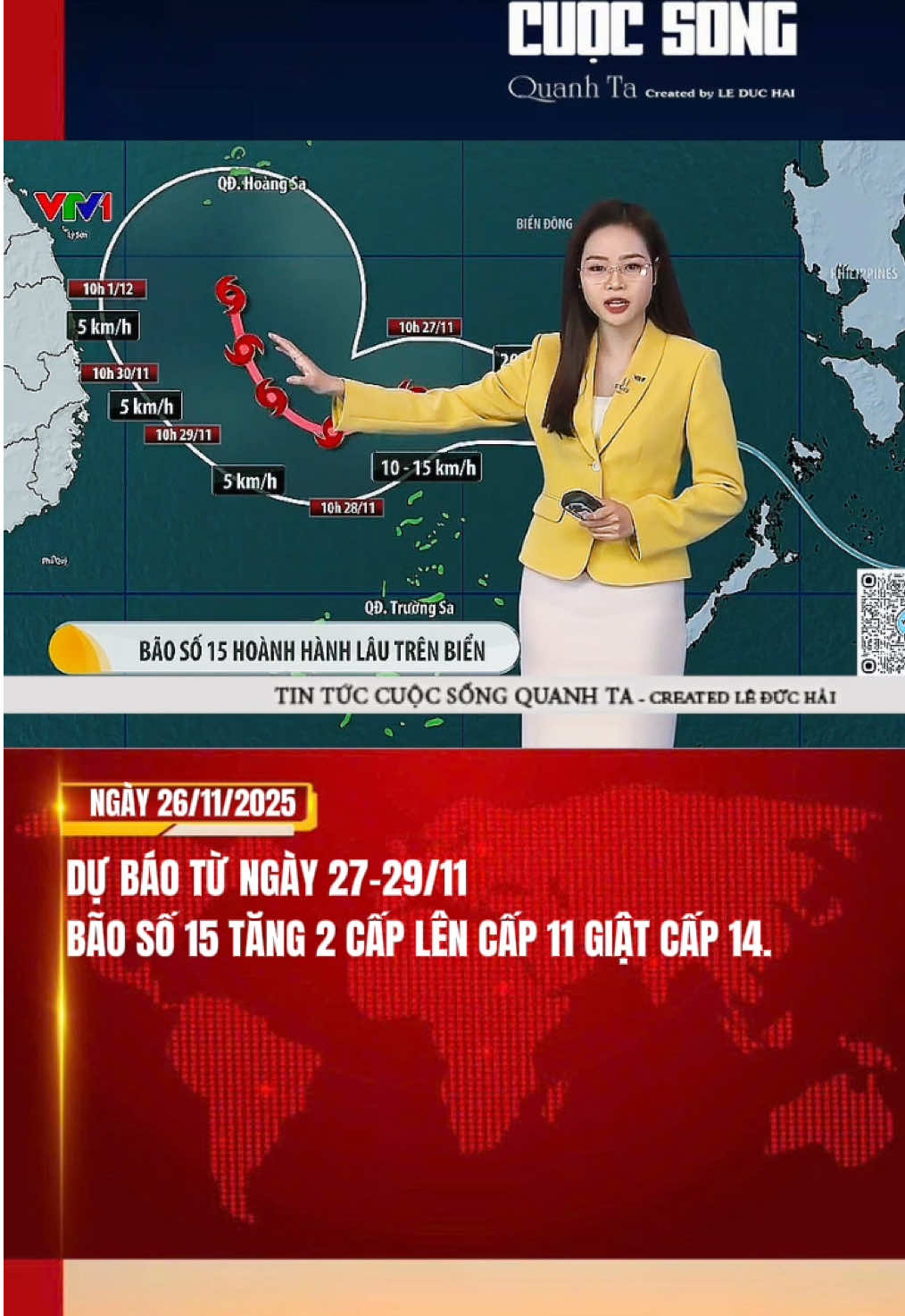 Diễn biến mới nhất cơn bão số 15 hiện đang trên Biển Đông.  Dự báo từ ngày 27-29/11 tức thứ 7 tuần này, Bão số 15 tăng lên 2 cấp mạnh cấp 11 giật cấp 14. Hiện tại vẫn chưa có thông tin bão sẽ hướng vào đất liền, nhưng người dân khu vực Nam Trung Bộ cần chú ý theo dõi diễn biến tiếp theo cơn bão số 15 này. #cuocsongquanhta #tintuc #dubaothoitiet #baoso15 #mientrung 