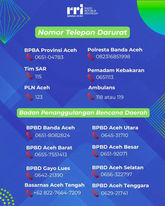 ACEH SIAGA! CATAT NOMOR BERIKUT UNTUK KEADAAN DARURAT⁉️ Mengingat intensitas hujan yang tinggi dan status darurat bencana di banyak wilayah Aceh, kami mengimbau seluruh warga Banda Aceh dan sekitarnya untuk mencatat dan menyimpan nomor-nomor penting berikut untuk keadaan darurat #RRI #RRINews #RRIDigital #RRiBandaAceh #BanjirAceh
