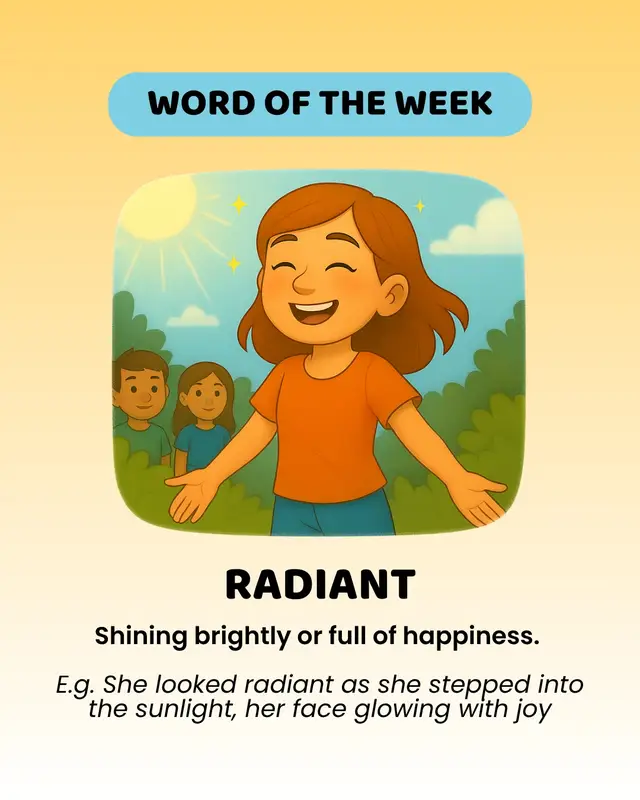 🥁🌟 Introducing our Word of the Week 🌟🥁 RADIANT. A word that shines as brightly as you do. Can you challenge yourself to use the word radiant today? #WordOfTheWeek #VocabCartoons #KidsEducation #LearningMadeFun #ShineBright