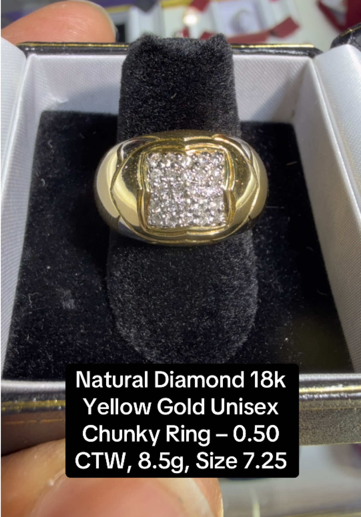 Elevate your jewelry collection with this stunning natural diamond 18k yellow gold ring. Crafted in solid 18k gold (stamped 18k & 750), this bold and chunky unisex ring features 25 sparkling natural diamonds with a total weight of approximately 0.50 carats. Weighing a substantial 8.5 grams, this ring offers a luxurious feel and striking presence on the hand. The square diamond cluster design is both modern and timeless, making it a standout piece for any occasion. • Material: Solid 18k Yellow Gold (Stamped 18k & 750) • Gemstone: Natural Diamonds (25 stones, approx. 0.50 CTW) • Ring Size: 7.25 • Weight: 8.5 grams • Style: Unisex, Chunky, Statement #Diamondring #Diamond #Goldring #Goldjewelry #Jewelrytok 