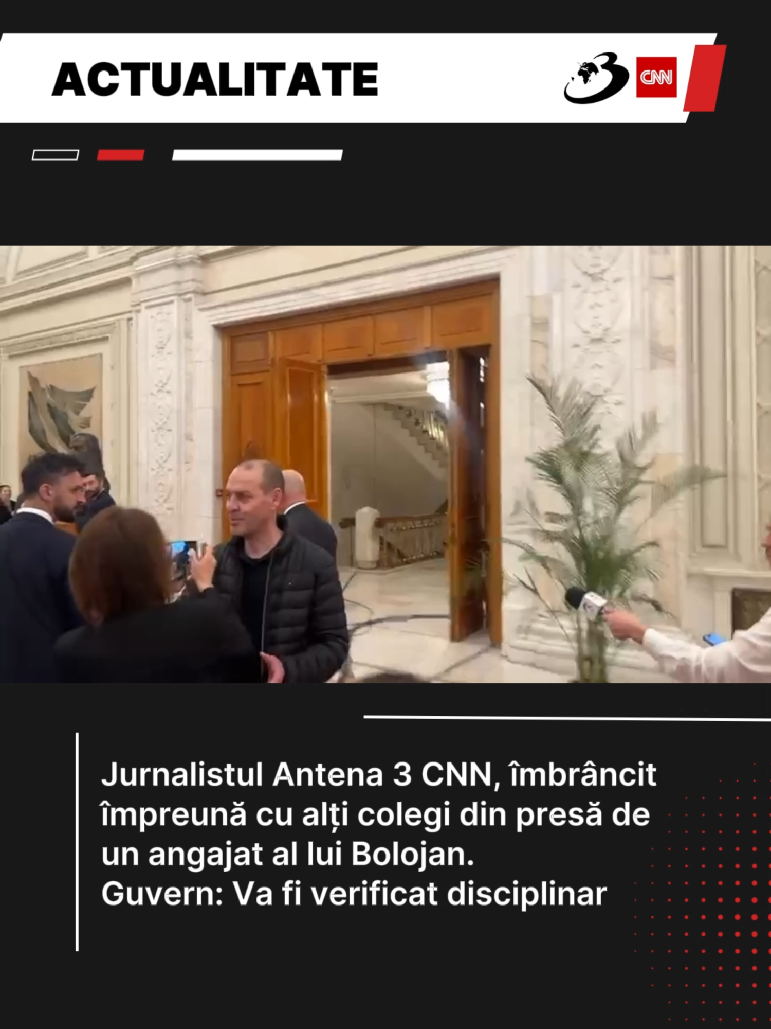 Reporterul Antena 3 CNN, Cătălina Mănoiu, a fost îmbrâncită împreună cu alți jurnaliști, la Palatul Parlamentului, de un angajat al Guvernului, pentru că voiau sa îl filmeze pe Ilie Bolojan. #antena3cnn