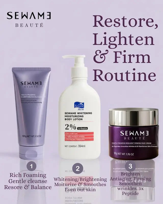 1️⃣ Cleanse — Sewame Beauté Youth Preserve Clarifying Facial Cleanser  - Rich, gentle foam to restore balance and remove impurities without overdrying. Use morning + night. 2️⃣ Brighten & Hydrate — Sewame Whitening Moisturizing Body Lotion (2% Arbutin)  - Evens skin tone, deeply moisturizes and smoothes. Apply to body after shower (daily). 3️⃣ Firm & Repair — Sewame Beauté Youth Preserve Resilient Firming Face Cream  - Anti‑aging peptides to smooth wrinkles, brighten, reinforce firmness and boost radiance. Use as last step (AM/PM). Glow up while maintaining your youthful looks 💫✨ Order now #skincareroutine #asianskincare #sewamebeaute #fyp #skincarenigeria 