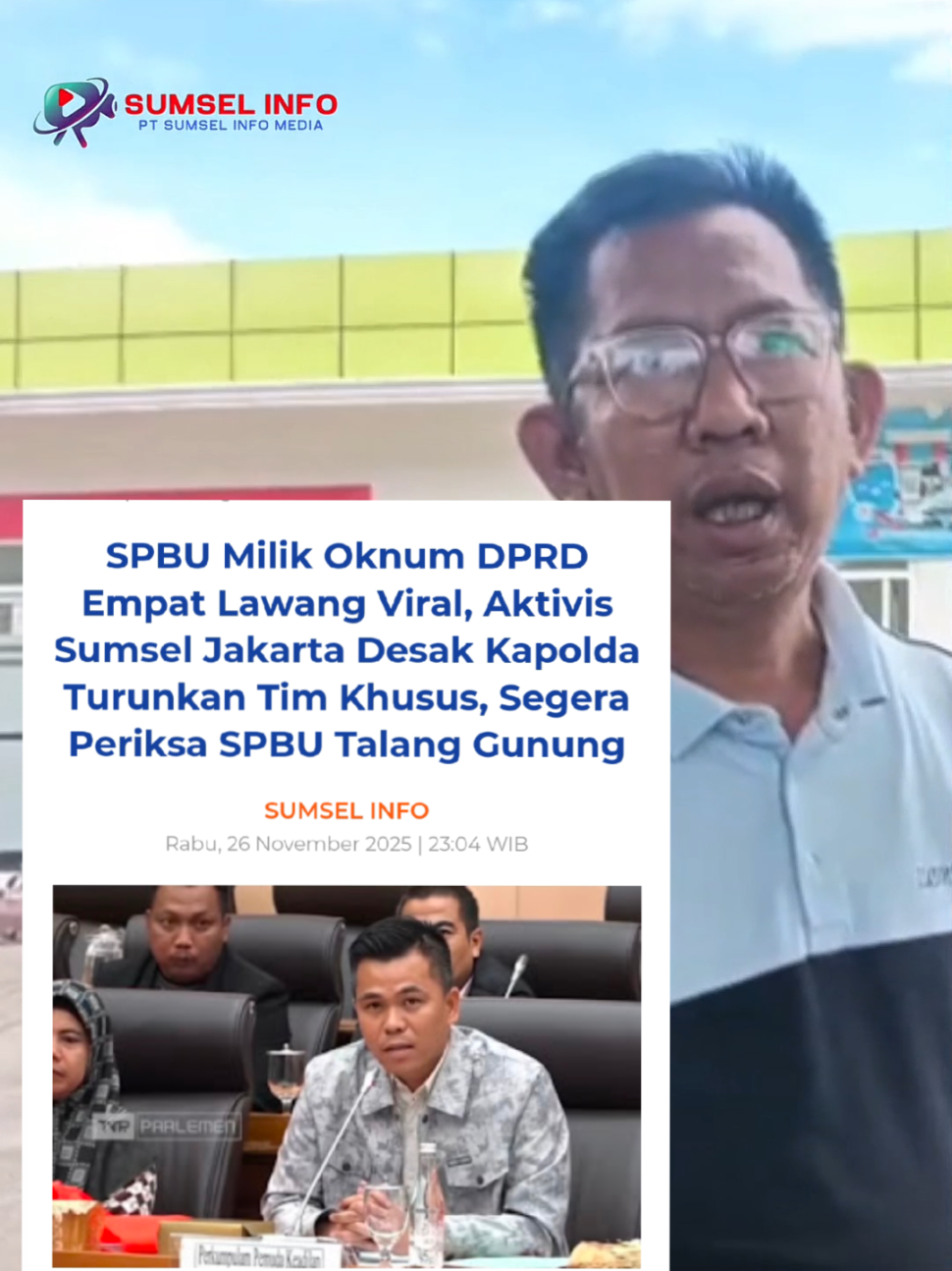 – Koordinator Aktivis Sumsel Jakarta, Harda Belly, angkat bicara terkait insiden pengancaman terhadap seorang jurnalis oleh oknum preman bersenjata tajam di sebuah SPBU yang diduga milik anggota DPRD. Peristiwa pada, Senin (10/11/2025) yang terjadi di SPBU Talang Gunung, Kabupaten Empat Lawang, itu kini menuai sorotan tajam dari publik serta kalangan pemerhati hukum dan media. Berdasarkan keterangan saksi mata, aksi pengancaman menggunakan senjata tajam tersebut diduga kuat tidak terjadi secara spontan, melainkan ada unsur kesengajaan yang didalangi oleh oknum anggota DPRD pemilik SPBU tersebut.  Saksi menyebut, sebelum kejadian, terlihat adanya komunikasi dan arahan dari pihak tertentu kepada preman yang kemudian melakukan intimidasi terhadap jurnalis yang sedang bertugas melakukan peliputan di lokasi. Harda Belly mengecam keras tindakan tersebut dan menilai bahwa ancaman fisik terhadap jurnalis adalah tindakan yang tidak hanya melanggar hukum, tetapi juga merupakan serangan langsung terhadap kebebasan pers. “Kelangkaan BBM subsidi di Sumatera Selatan sudah menjadi sorotan. Kali ini sudah sangat jelas adanya dugaan penimbunan besar-besaran, karena pemilik SPBU yang juga anggota DPR telah melakukan provokasi terhadap oknum preman kepada jurnalis yang hendak meliput kegiatan di SPBU tersebut,” ujar Harda. Ia menegaskan bahwa peristiwa ini tidak bisa dianggap remeh karena menyangkut keselamatan pekerja media dan transparansi publik. “Saya meminta kepolisian Polres Empat Lawang segera menangkap pelaku pengancaman terhadap jurnalis, karena ini negara hukum. Tidak boleh ada teror terhadap siapa pun yang menjalankan tugas jurnalistik,” tegasnya. Selain itu, Harda juga mendesak Kapolda Sumatera Selatan untuk segera menurunkan tim khusus guna melakukan pemeriksaan menyeluruh di SPBU Talang Gunung. Ia menekankan bahwa apabila terbukti adanya aktivitas penimbunan BBM subsidi, maka SPBU tersebut harus segera ditutup. “Jika terbukti ada penimbunan, segera tutup SPBU tersebut. Peristiwa ini telah menjadi sorotan publik, khususnya di Sumatera Selatan, dan tidak boleh dibiarkan,” tandas Harda. Kasus ini kini menunggu tindak lanjut aparat penegak hukum, sementara berbagai pihak berharap penyelidikan dilakukan secara transparan dan tanpa intervensi demi menjaga integritas penegakan hukum dan kebebasan pers. #fyppp #viral #fyp #empatlawang #sumsel @polres_empatlawang @poldasumatraselatan @bersama_polri @_prabowosubianto @CIK UJANG MENYAPA 