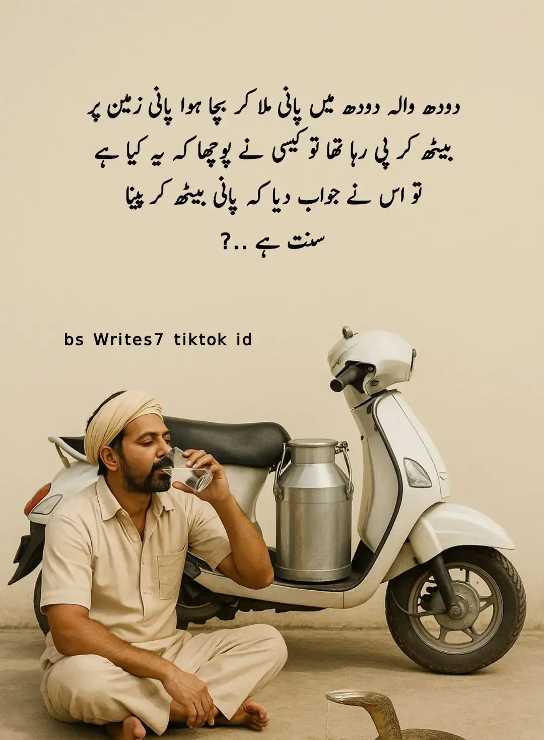 دودھ والہ دودھ میں پانی ملا کر بچا ہوا پانی زمین پر بیٹھ کر پی رہا تھا تو کیسی نے پوچھا کہ یہ کیا ہیں تو اس نے کہا کہ پانی بیٹھ کر پینا سنت ہے  #urdupeotry #motivationquotes #fyp #foryou #page 