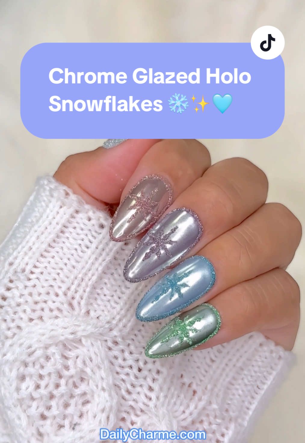 The easiest Chrome Glazed Holographic Snowflakes ❄️✨🩵  💅 Everything used for this look is from the brand Daily Charme & is listed below. All goodies are available now in our TikTok shop or via the 🔗 in bi0 💖 Using @daily_charme:  ❄️ Sterling Pearl Chrome Powder ❄️ J23 Frosé - 𝗽𝗼𝗶𝗻𝘁𝗲𝗿  ❄️ J32 Aviation - 𝗺𝗶𝗱𝗱𝗹𝗲  ❄️ J30 Jellyfish - 𝗿𝗶𝗻𝗴  ❄️ J28 Mint Mojito - 𝗽𝗶𝗻𝗸𝗶𝗲 ❄️ Colorful Twinkle Flash Glitter Set / 12 Jars ❄️ Chrome Effect Gel ❄️ 5-in-1 Strengthening Gel  ❄️ Diamond Shine Top Coat ❄️ Medium Almond Clear Extension Tips  #snowflakenails #chromenails #glazednails #glazedsnowflakenails #winternails2025          