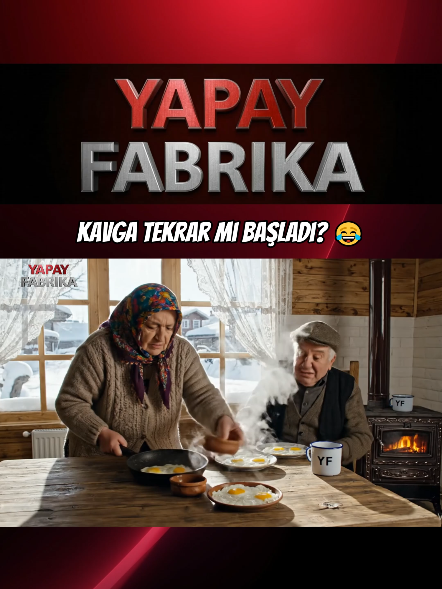 50 Yıllık Kavga Tekrar mı Başladı? 😂 #yapayfabrika #komedi #köy #yumurta #sosis #köyhayatı  Karlı bir kış sabahı, modernize bir köy evinde yaşlı bir çiftin sıcak ve komik sabah rutinine tanık olun. Yaşlı adam şikayet ediyor: “Yine mi yumurta yaptın be kadın, her gün yumurta yiyoruz.” Yaşlı kadın sert ama esprili bir şekilde karşılık veriyor: “Lan herif! Sen 50 yıldır aynı sosisi yedirdin bana, hiç sesim çıktı mı?” Sahnedeki “YF” yazılı obje, sıcak iç mekan atmosferi ve doğal ışık ile birlikte samimi ve eğlenceli bir kısa video.