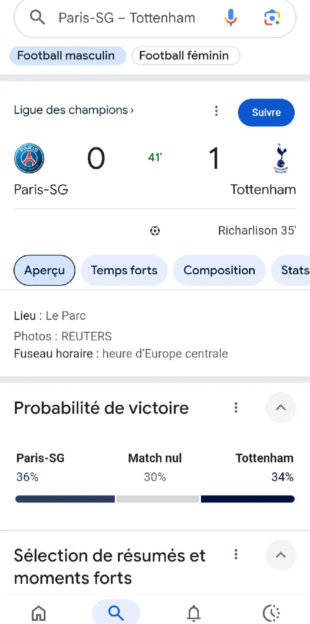#Tottetenham  le #paris qui sont sur un Macht de 1-0,pour le #tottenham  1-et 0 😱 pour #paris 