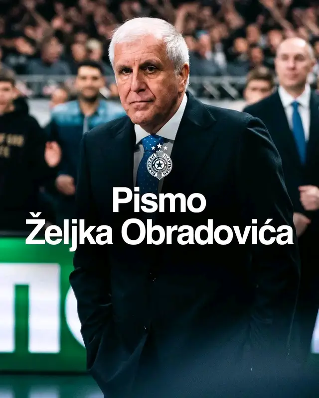 Poštovani navijači Partizana, Pre četiri i po godine sam se vratio u moj voljeni klub i krenuo zajedno sa vama da živim najlepši san. Imao sam želju i cilj da naš Partizan ponovo posle 10 godina postane deo Evrolige, uspeli smo svi zajedno u tome. Utakmice našeg voljenog kluba su postale nešto više od košarke, zahvaljujući vama koji ste najzaslužniji za to. Na žalost, došao je trenutak kada sam morao da preuzmem odgovornost za sve loše stvari koje su se desile ove sezone i podnesem neopozivu ostavku. Želim da se zahvalim svim ljudima koji su pomagali naš klub sve ove godine, predsedniku kluba i svim članovima Upravnog odbora, svim ljudima iz radne zajednice kluba, kao i svim sponzorima.  Veoma sam zahvalan svim igračima koji su bili sa nama u ove četiri i po godine, članovima mog stručnog štaba (mnogo puta sam isticao, najbolji koji sam imao) i naravno velika zahvalnost svim navijačima Partizana!  Hvala vam za bezrezervnu podršku, poštovanje i ljubav koju ste mi davali svih ovih godina u svakoj prilici!  Uvek jedan od vas, večno zahvalan!  Željko Obradović