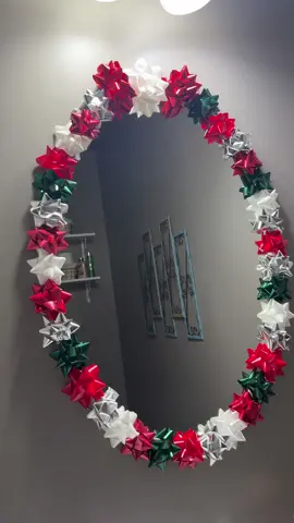 Cute bathroom mirror Christmas decor. Under $6 for 40 bows at Walmart!🎄#christmas #christmasdecor #bathroomdecor #fyp #christmasbow 