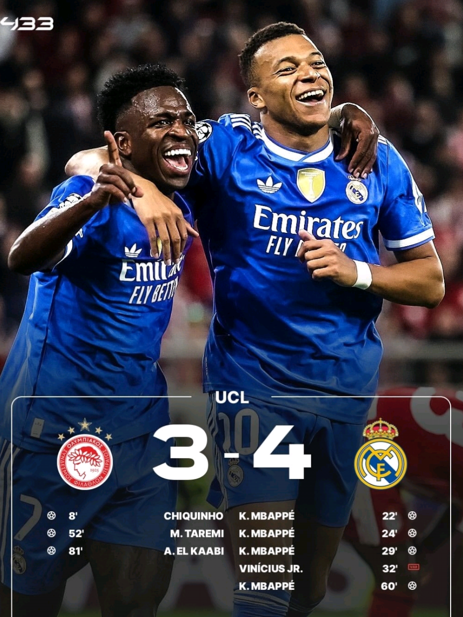 FT: OLYMPIAKOS 3-4 REAL MADRID🥶 Mbappe Gendong Real Madrid Berhasil Menang 3-4 atas Olympiakos, Mbappe cetak 4 gol untuk Real Madrid pak. #championsleague #ucl #mbappe #realmadrid 