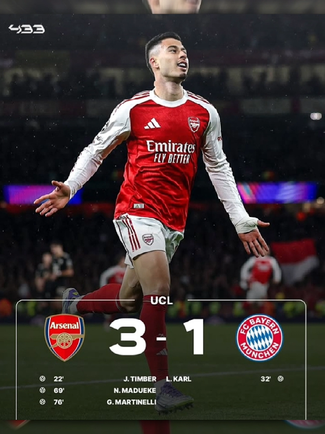Arsenal berhasil menang telak melawan Bayern munchen dengan skor 3-1 dan berhasil mengambil alih puncak klasemen champions League, gol masing-masing dicetak oleh timber, martinelli, dan madueke. dan raya juga disini harus merasakan kebobolan pertama ia di liga champions musim ini oleh pemain muda Bayern yaitu L. Karl😮‍💨🔥. Kemenangan berharga buat Arsenal di Emirates stadium👀🙌🏻. | #4u  #arsenal #coyg🔴⚪️ #bayernmünchen #CapCut | @𝕾𝖆𝖓𝖌𝖕𝖚𝖆 𝖋𝖙 𝕬𝖗𝖘 