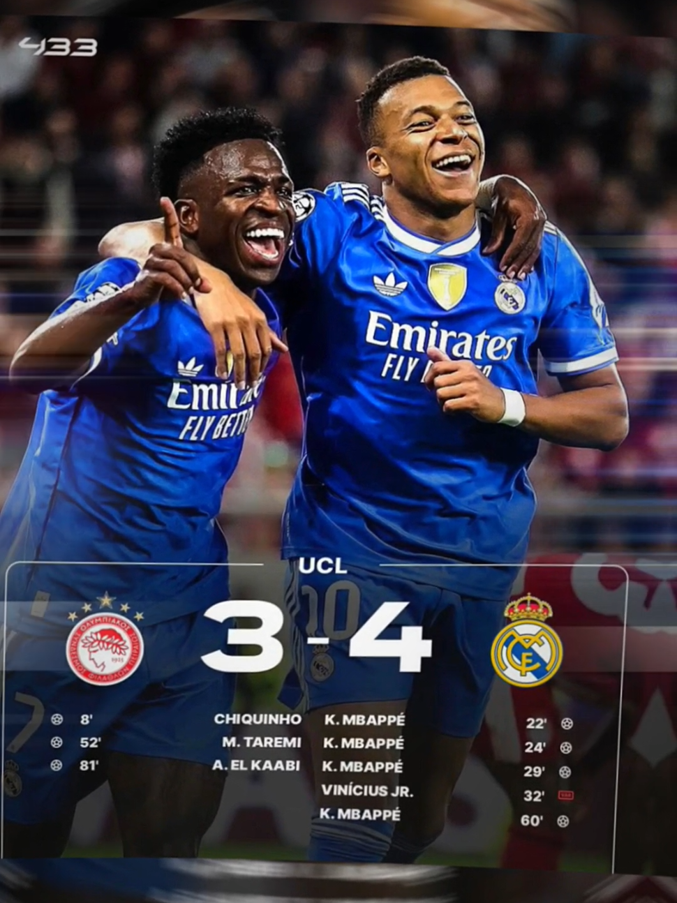 FULL TIME, Real Madrid Berhasil Mengalahkan Olympiakos Dengan Skor 4-3.