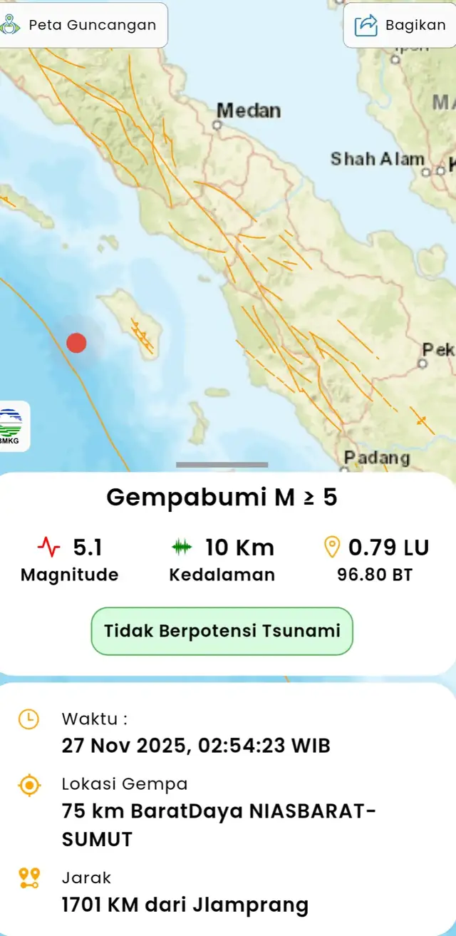 Info Gempa Mag:5.1, 27-Nov-25 02:54:23 WIB, Lok:0.79 LU, 96.80 BT (75 km BaratDaya NIASBARAT-SUMUT), Kedlmn:10 Km ::BMKG Informasi selengkapnya lihat di https://www.bmkg.go.id/gempabumi-terkini.html #update #bmkg #bmkgindonesia #gempa 