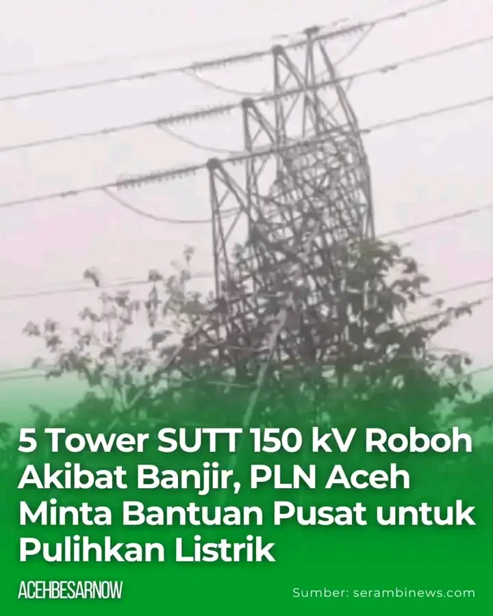 Cuaca ekstrem yang melanda Aceh menyebabkan robohnya 5 tower transmisi 150 kV milik Perusahaan Listrik Negara (PLN) pada ruas Arun–Bireuen di Kabutapen Bireuen pada Rabu (26/11/2025). Manager Komunikasi dan TJSL PLN Unit Induk Distribusi Aceh, Lukman Hakim, saat dihubungi Serambinews.com pada Rabu malam, mengatakan robohnya 5 tower transmisi 150 kV itu mengakibatkan pasokan listrik di sejumlah wilayah di Aceh padam. “Ratusan personel siaga PLN bersama puluhan unit alat berat telah dikerahkan untuk memperbaiki lima tower Saluran Udara Tegangan Tinggi (SUTT) 150 kV yang terdampak banjir bandang,” ungkapnya. Kerusakan itu berdampak pada pasokan listrik di Banda Aceh, Aceh Besar, Pidie, Pidie Jaya, Bireuen, Aceh Utara, Lhokseumawe. Kemudian Bener Meriah, Aceh Tengah, Aceh Timur, Langsa, Aceh Tamiang, Aceh Jaya, Aceh Barat, Nagan Raya, Aceh Barat Daya, Aceh Selatan, dan Aceh Singkil. Lukman menegaskan bahwa pihaknya terus berupaya memulihkan kelistrikan di Aceh dengan bantuan material serta tim tambahan dari PLN pusat. “Kita sudah berkoordinasi dengan PLN pusat dan akan mengirimkan banyak material dan SDM dari Jakarta besok untuk memulihkan kelistrikan di Aceh,” katanya. Menurutnya, material dan tenaga bantuan tersebut akan diterbangkan menggunakan pesawat Hercules ke Bandara Sultan Iskandar Muda (SIM).  Selanjutnya, bahan-bahan tersebut tidak akan diangkut melalui jalur darat, melainkan diterbangkan langsung menggunakan helikopter menuju lokasi terdampak untuk mempercepat proses pemulihan. “Kami mohon doa dan dukungan semua masyarakat agar semuanya berjalan lancar,” pungkas Lukman. PLN memastikan akan terus memberikan pembaruan terkait proses perbaikan melalui saluran resmi. Pelanggan juga dapat mengakses layanan 24 jam melalui aplikasi PLN Mobile atau Contact Center PLN 123. Sumber: serambinews.com