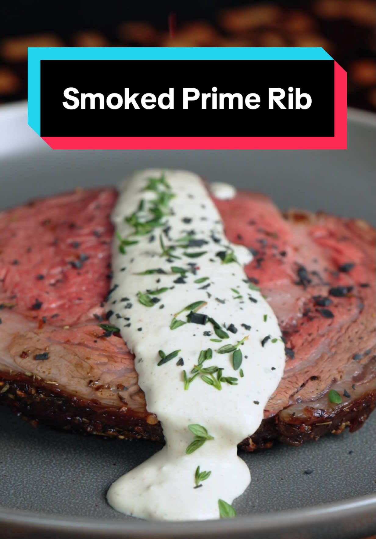 Smoked Prime Rib and the Best Sauce I’ve ever made for it!  I don’t do Turkey for Thanksgiving, I’m team Prime Rib for most Holidays! Smoked this to perfection on the @recteq DualFire! Sauce Ingredients: • 3/4 cup sour cream • 1 tbsp Dijon mustard  • 1.5 tbsp prepared horseradish • 1.5 tbsp @Bear & Burton's W Sauce • 2 tbsp of the Smoked Onions (see below for recipe) • 1 Tbsp of drippings from the pan • 1 tsp lemon juice • salt and pepper to taste 1. Start by getting the prime rib covered in a seasoned butter mixture, I use 1.5 sticks of butter, @Kinders prime rib seasoning, and 2 tbsp W Sauce.  2. Place 2 sweet onions cut in half into a pan or drip dray, then place the prime rib over the pan so the butter and drippings fall in there and help cook and caramelize the onions.  3. Place the pan and prime rib on the smoker at 250°F for about 3 hours, or until the internal hits 119°F.  4. Remove from the smoker, set aside to rest, and then prepare the horseradish sauce by combining the ingredients in a container or blender, and blend. An immersion blender is best!  5. After a 30 minute rest, slice and serve with the sauce!  #primerib #thanksgivingdinner #Recipe #Foodie #fyp 