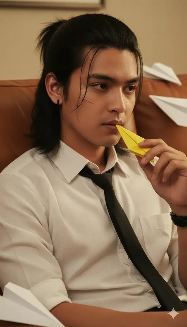 Pertahankan 100% wajah seperti foto yang di upload Potret sinematik ultra-realistis dari seorang pria dengan rambut gondrong belah tengah dan sebagian atas di kuncir, anting hitam agak besar, dan goresan luka dibawah mata, kulit putih dengan nada merah muda lembut, tekstur kulit halus bercahaya dengan pori-pori alami yang terlihat, highlight wajah ultra-detail. bibir mengkilap alami. Dia duduk di sofa cokelat yang hangat, kepala menoleh 35 ° ke kanan, dagu sedikit terangkat, memegang pesawat kertas kuning di dekat bibirnya dengan ekspresi lembut dan kontemplatif. Tatapan lembut ke depan. Kemeja putih dan dasi hitam dengan tekstur kain realistis, jam tangan hitam. Alat peraga di sekitarnya termasuk beberapa pesawat kertas putih yang tersebar di sekitar sofa dan latar belakang. Pencahayaan dalam ruangan yang hangat dari kanan, nada sinematik emas, bayangan lembut, rim-light halus pada rambut. Sudut kamera tingkat mata, bingkai close-up, bidang bidang dangkal dan bokeh latar belakang. Dibidik pada DSLR: lensa 85mm, f / 1.4, ISO 100, kecepatan rana 1 / 250 detik, 4K Ultra HD, potret 1080x1920. Tekstur kulit yang sangat detail, kulit terhidrasi bercahaya, cahaya alami, kejernihan tinggi, dan pencahayaan dimensi. #gemini #ai #fyp #trending #viralditiktok 