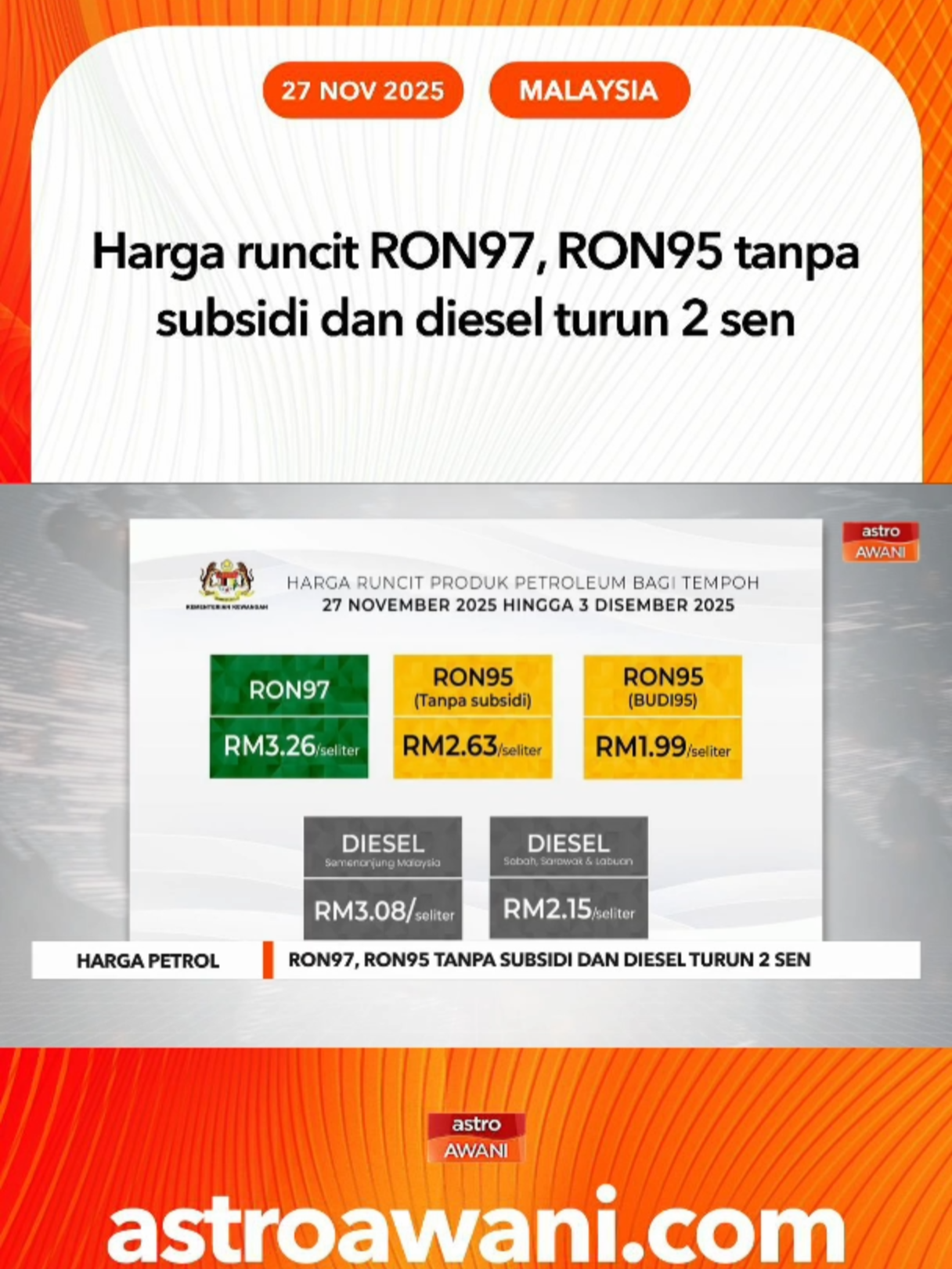 Harga runcit RON97, RON95 dan diesel turun 2 sen bagi tempoh 27 Nov hingga 3 Dis, manakala harga bersubsidi RON95 kekal RM1.99 seliter di bawah BUDI MADANI. #AWANInews