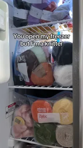 My freezer is full of yarn and wool fiber but don’t worry the ice cream is tucked in the back! #knitting #knittok #yarn #craft #handmade 