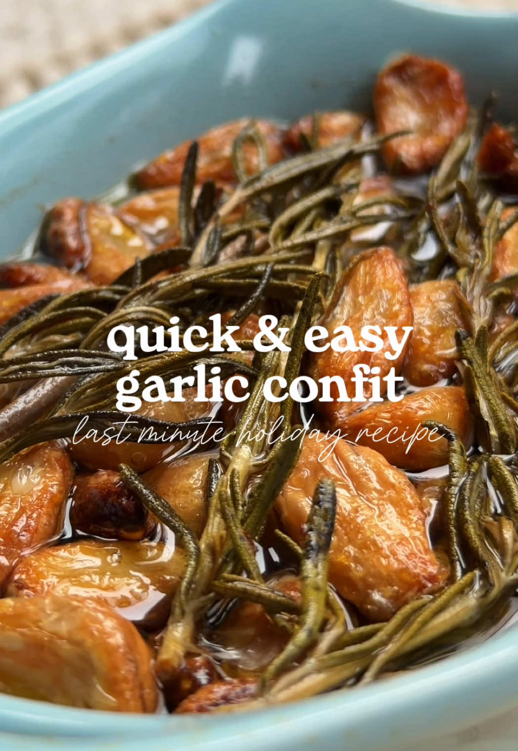 want to impress ur guests for thanksgiving but have no time? make this simple garlic confit! recipe: ingredients: • two bulbs / heads of garlic (or as much as u’d like!) • enough olive oil to submerge the garlic • salt • optional: four sprigs rosemary, or any herbs / spices u’d like instructions: 1. put peeled garlic cloves in an oven safe dish 2. submerge in olive oil 3. add herbs / spices 4. bake at 250 F for around an hour, or until garlic is soft and slightly browned use in top of toast, or mix into ur mashed potatoes for an evelated garlicky experience 🙂‍↕️🧄 #garlicconfit #Recipe #thanksgivingrecipes #mashedpotatoes #garlic ideas quick easy simple holiday fyp trend