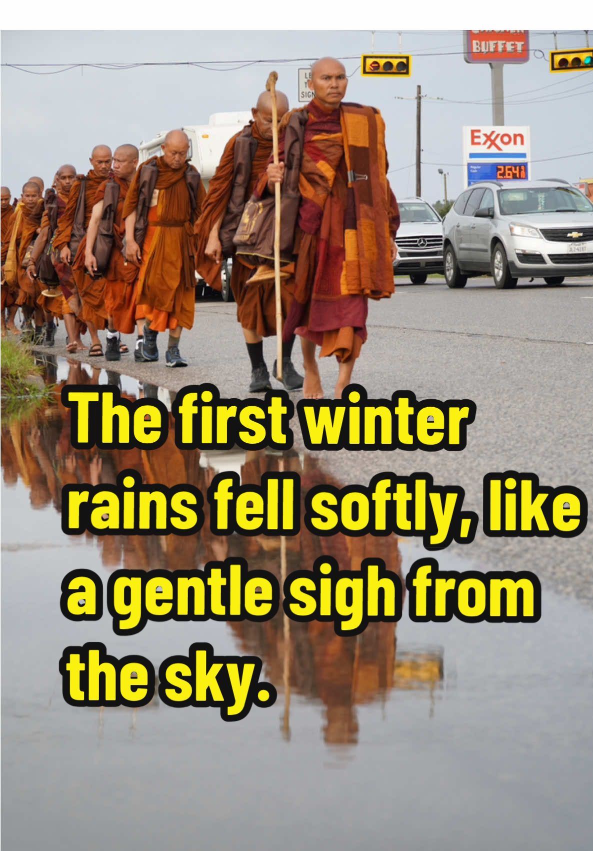 [Bilingual] Những cơn mưa mùa đông đầu tiên rơi xuống nhẹ như tiếng thở dài của mây trời. Hạt mưa rơi không ào ạt, không gấp gáp, đủ ướt vai áo, đủ ướt từng gót chân trần của các Sư đang từng bước an tĩnh trên dặm đường xa lộ. Bầu trời xám tro cúi thấp xuống hàng cây, gió mang theo cái lạnh len lỏi qua từng thớ vải đã bạc màu của tấm y vàng dù chỉ mới hơn hai mươi ngày trôi qua. Xa lộ thênh thang ít bóng người, mưa phủ lên mặt đường như một lớp gương mỏng, soi bóng từng bước chân hành giả - những bước đi trầm tĩnh kèm theo tâm chánh niệm, mang theo hơi thở an trú và chí nguyện lan tỏa hòa bình đến muôn phương. Và từng hạt mưa rơi, hình như cũng đang cúi đầu đảnh lễ rồi lặng lẽ theo dấu các vị mà trôi về phía trước,... Namo Buddhaya Namo Dhammaya Namo Sanghaya Walk for Peace - Đi là để cầu phúc cho bá tánh, để hòa bình được nảy mầm, để tình thương, sự cảm thông và lòng thấu hiểu được lan tỏa khắp muôn phương. 🌿 ————————— The first winter rains fell softly, like a gentle sigh from the sky. The droplets descended neither heavy nor hurried, just enough to moisten the robes and brush the bare heels of the monks walking in calm, unhurried serenity along the long highway. The grey sky bowed low over the trees, and the cold wind wove its way through the faded threads of the saffron robes, though only a little more than twenty days had gone by. The wide highway lay quiet, with few travelers in sight. It glistened beneath the rain like a thin mirror, reflecting each mindful step of the practitioners-steps serene, carried by mindfulness, the breath of presence, and the heartfelt aspiration to let peace radiate in all directions. And also each raindrop, seemed to bow in reverence, then quietly following the footsteps of the Sangha as they moved forward… Namo Buddhaya Namo Dhammaya Namo Sanghaya Walk for Peace - We walk to bless all beings, so that peace may take root, and love, understanding, and compassion may spread in all directions. #TykheoTueNhan #BaoThapTangKinhThanhDien #Buocchanhanhgia #WalkForPeace #W4P  