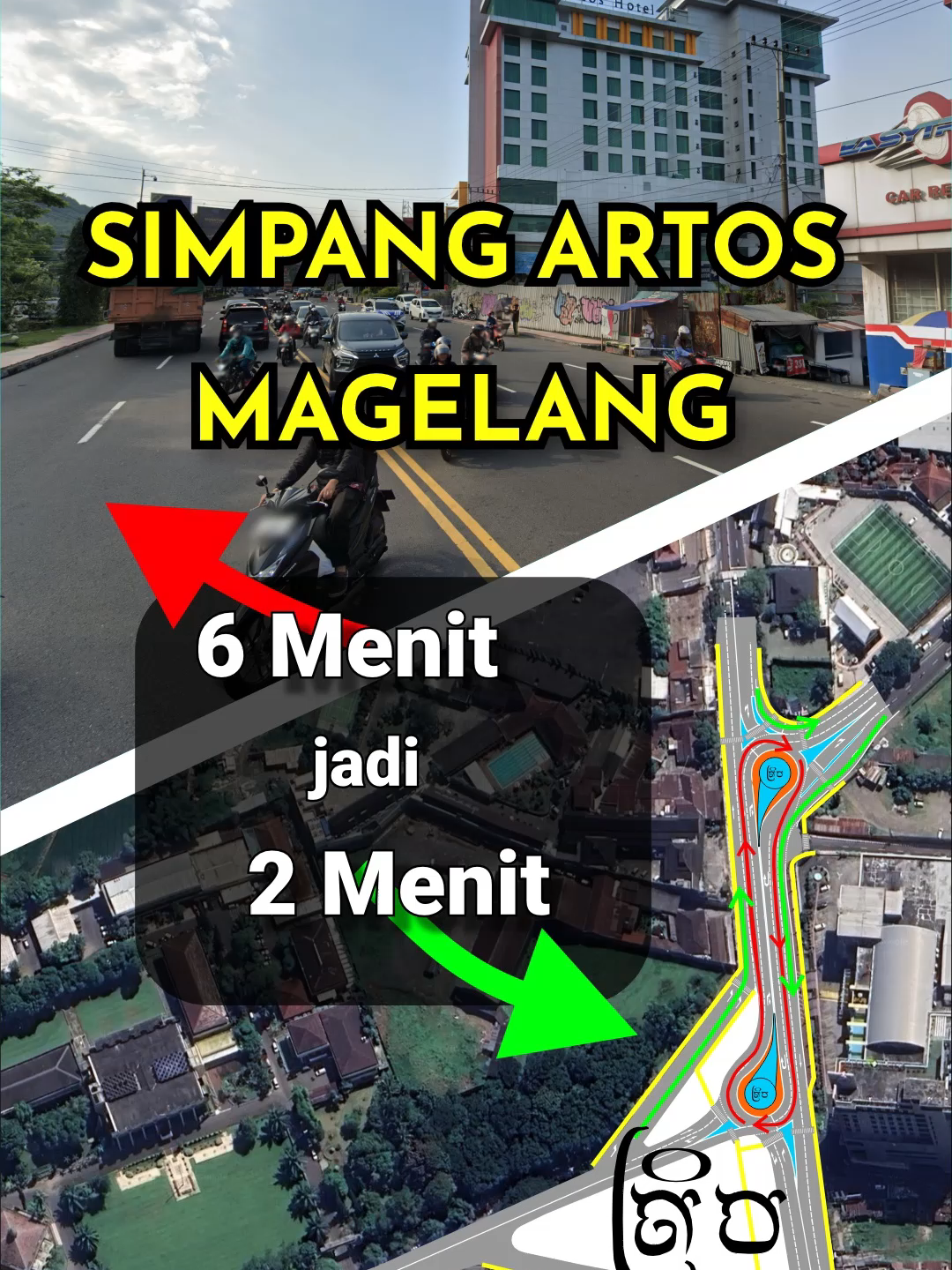 Simpang Artos Magelang disebut-sebut paling lama di Jawa Tengah. Satu siklus lampu bisa 6 menit! 😵‍💫 Padahal… dengan penataan murah, waktunya bisa dipangkas jadi 2 menit 36 detik saja. Cuma pakai topologi bundaran modern & sedikit pelebaran jalan. Nggak perlu flyover ratusan milyard. Kalau diterapkan, jalur ini jauh lebih lancar! 🚦✨ Setuju nggak kalau solusi murah kayak gini dicoba? #magelang #artos #mertoyudan #simpangterlama