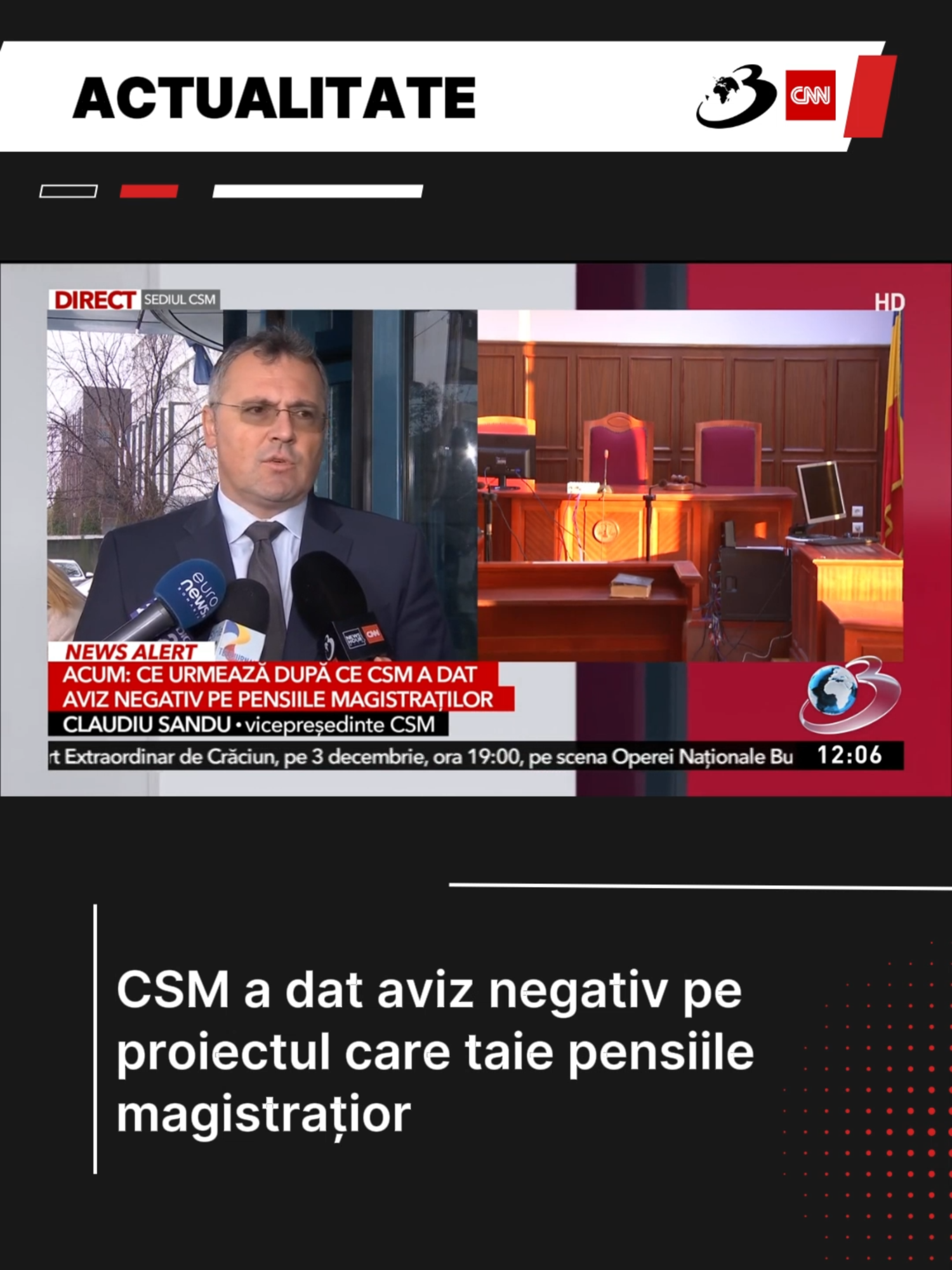 Consiliul Superior al Magistraturii (CSM) a dat aviz negativ, joi, pentru proiectul pensiilor speciale. Ministrul Justiției, Radu Marinescu, a declarat după ședința CSM că e normal ca să existe discordanțe de opinie pe proiecte, dar că asta e normal într-un de stat de drept și a apreciat faptul că CSM a dat rapid un aviz. #antena3cnn