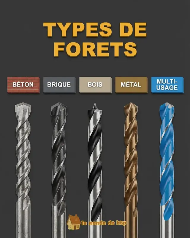 🛠️ Tu utilises le bon foret ? 🤔 Voici les 5 types de forets indispensables : 🧱 Béton • 🧱 Brique • 🌲 Bois • 🔩 Métal • 🔁 Multi-usage Un bon choix de foret = ✅ perçage propre ✅ outil qui dure plus longtemps ✅ moins de galère sur le chantier 😎 💾 Garde ce visuel & 🔁 partage-le avec un(e) ami(e) bricoleur(se) ! #bricolage #DIY #chantier #geniecivil #outils 