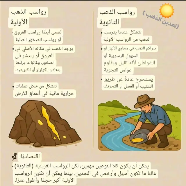 رواسب الذهب  الأولية هي رواسب الذهب التي تبقى في مكانها الأصلي، وتكون عادةً داخل عروق الكوارتز أو منتشرًا عبر الصخور المضيفة. تتشكل هذه الرواسب من خلال عمليات حرارية مائية تتضمن سوائل ساخنة غنية بالمعادن، وتكون نموذجية* تتميز هذه الرواسب بوجود الذهب في ، وغالبًا ما يكون مرتبطًا بمعادن الكبريتيد. يتم استخراج الذهب من هذه الرواسب عن طريق الحفر والتفجير وسحق الصخور المضيفة لاستخراج الذهب. رواسب الذهب الثانوية:  هي رواسب الذهب التي تتكون عندما يتآكل الذهب من مصادره الأولية وينتقل عن طريق الماء أو الجاذبية أو الرياح، ثم يعاد ترسيبه. توجد هذه الرواسب في مجاري الأنهار والسهول الفيضية والمناطق الساحلية، ويتم استردادها من خلال التنقيب أو الغسل أو التجريف على نطاق صغير. هذه الرواسب تعتبر من أهم مصادر الذهب في العالم، وتوجد في العديد من الدول، وتكون غالبًا أسهل في الاستخراج من رواسب الذهب الأولية. #الذهب  #استخلاص_الذهب