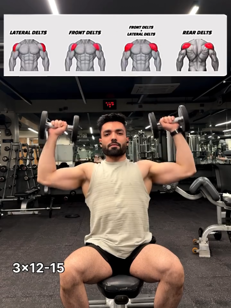 🔥 Treino completo de ombros trabalhando as três cabeças do deltoide: Elevação Lateral, Desenvolvimento e Crucifixo Inverso. 3 séries de 12 a 15 repetições. #TreinoDeOmbros #Deltoides #TreinoComHalteres #DiaDeOmbros #Fitness 