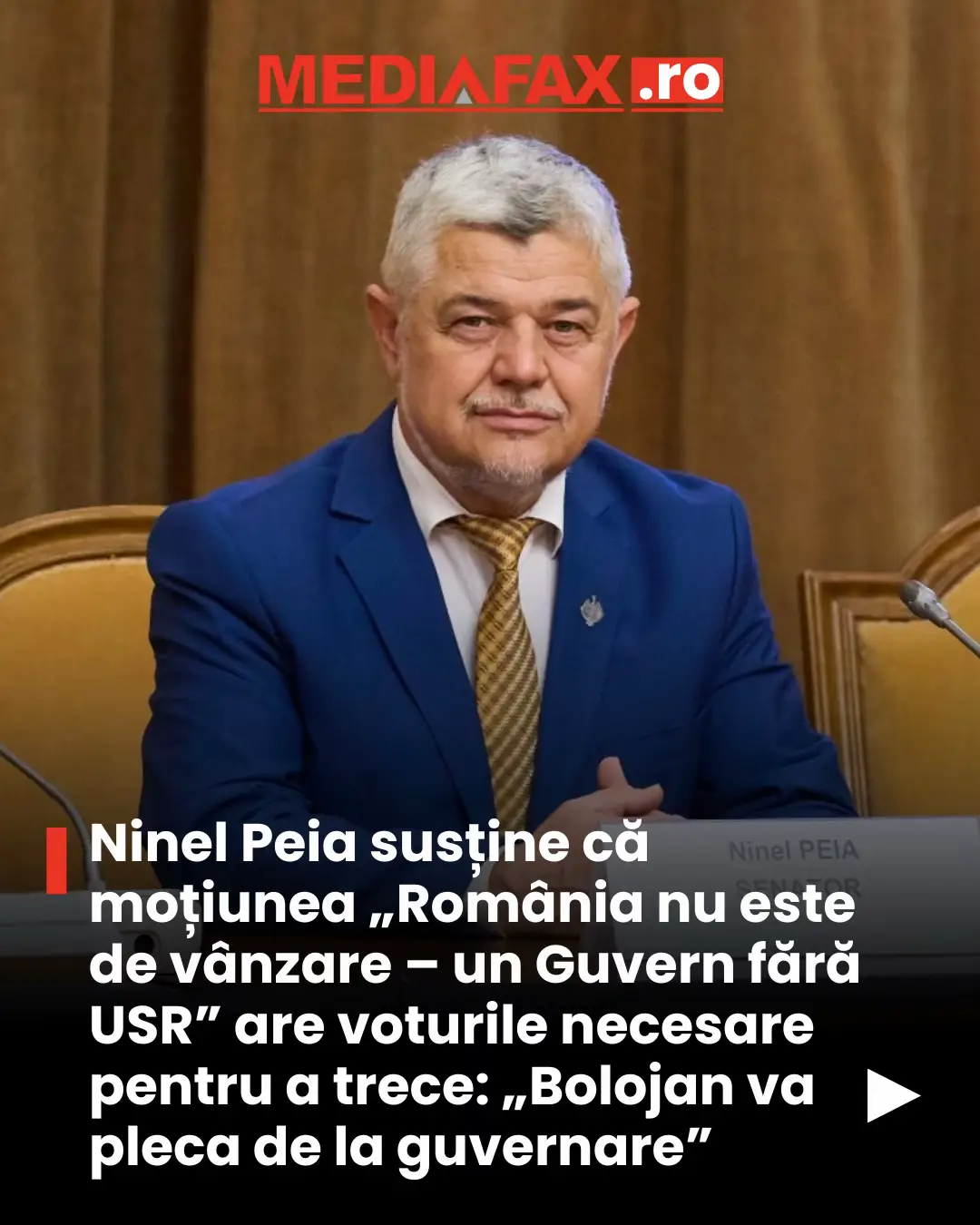 Chestorul Senatului, Ninel Peia, a declarat joi că moțiunea de cenzură „România nu este de vânzare – un Guvern fără USR” ar avea deja sprijinul politic necesar pentru a fi adoptată, afirmând că negocierile cu PNL, PSD, AUR și reprezentanții minorităților ar asigura majoritatea cerută. #ninelpeia #psd #pnl #stirilezilei #mediafax