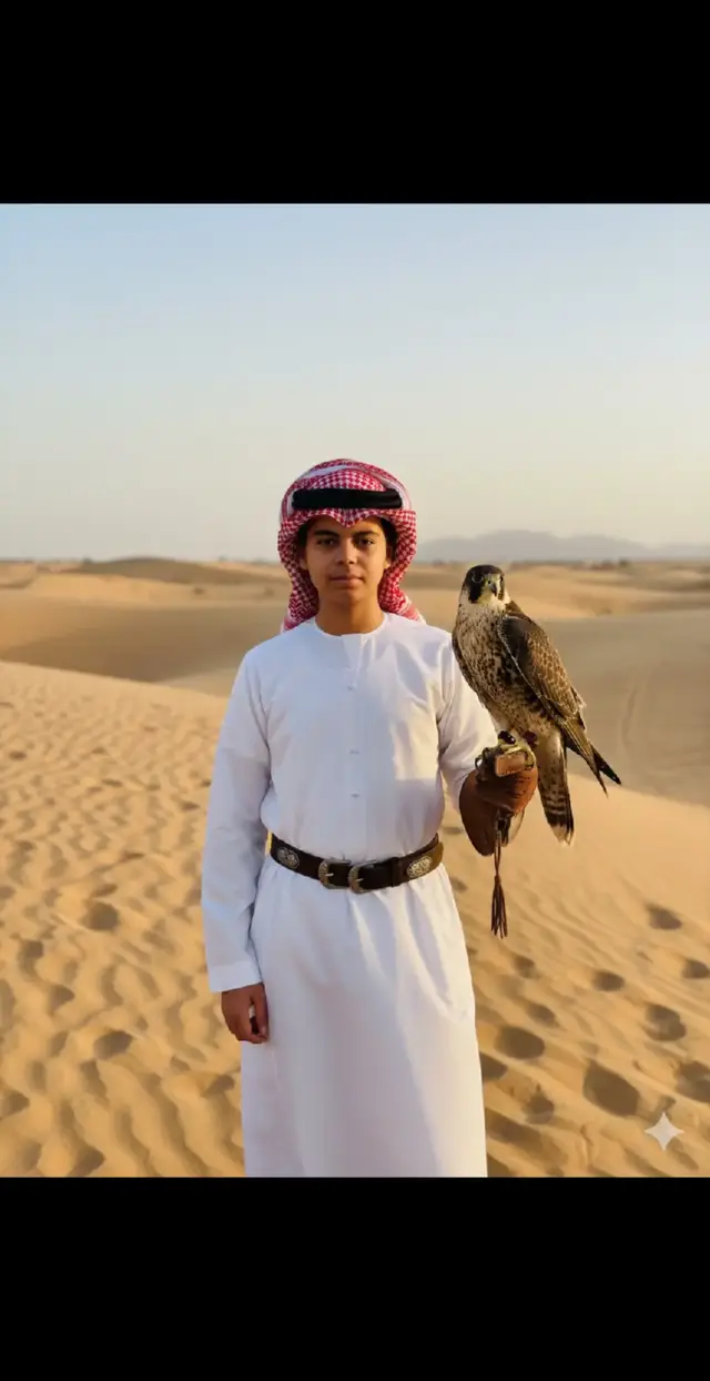 بالحفاظ على ملامحه اريده ان يكون بالزي العربي بالشماغ الاحمر واقفا في صحراء وعلى يده صقر ( البرنامج Gemini) #ذكاء_اصطناعي #صحراء #العراق #السماوه_مدينتي #لايك 
