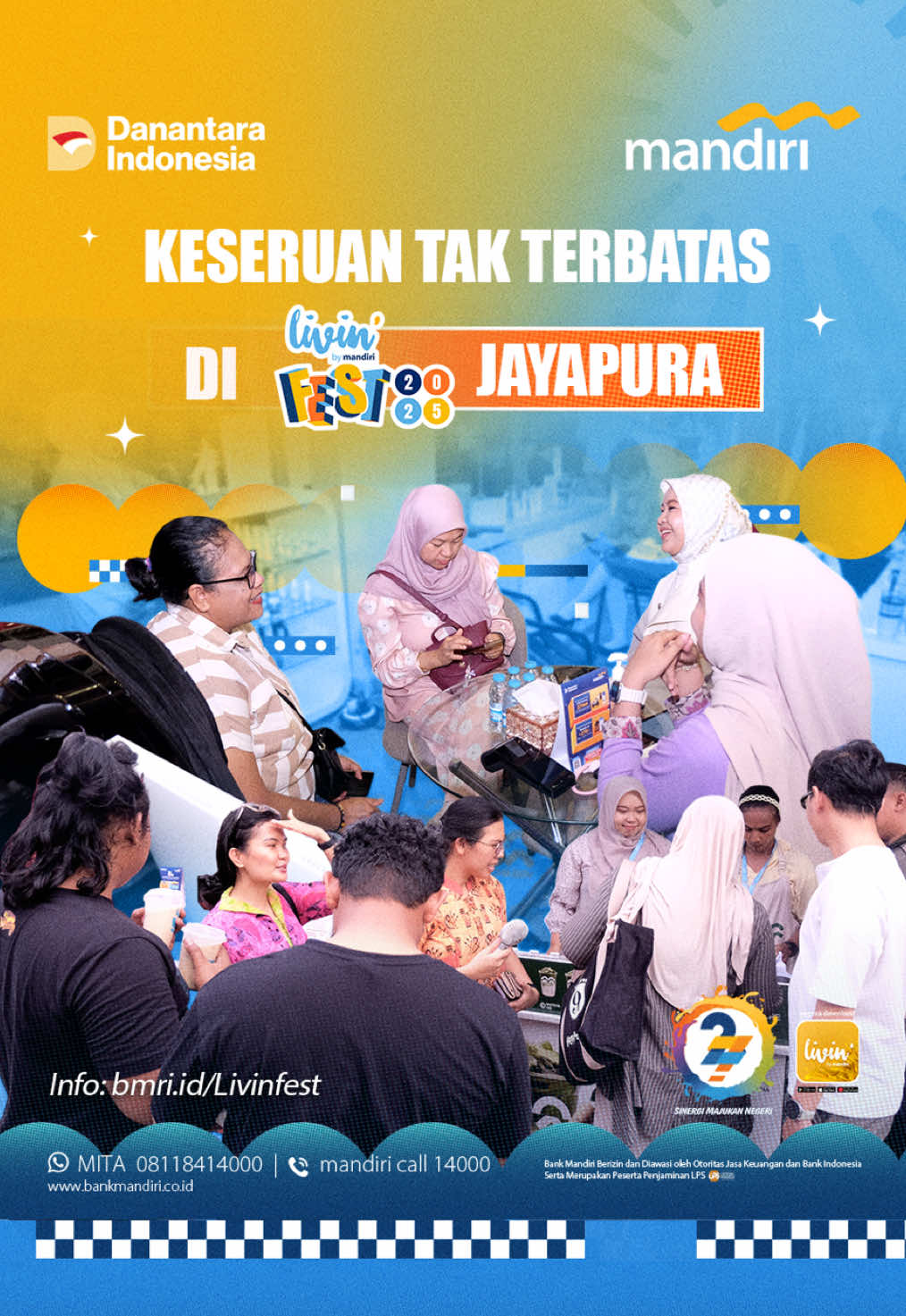 Saatnya warga Jayapura hepi bareng di Livin’ Fest 2025! 📣🙌🏻 Yuk, penuhi berbagai kebutuhan, mulai dari belanja, kuliner, hingga wujudkan rumah dan mobil impian! 🏡🚗 📍 GOR Cenderawasih | 27–30 November 2025 Jangan lupa mampir ke booth Bank Mandiri untuk ikutan program spesial! Masuk expo-nya bebas biaya, registrasi & info lengkap di 👉🏼 bmri.id/livinfest Bank Mandiri berizin dan diawasi oleh Otoritas Jasa Keuangan dan Bank Indonesia, serta merupakan peserta penjaminan LPS. #LivinFest #LivinFestJayapura #HUTMandiriSemuaHepi #Mandiri27Tahun #BankMandiri